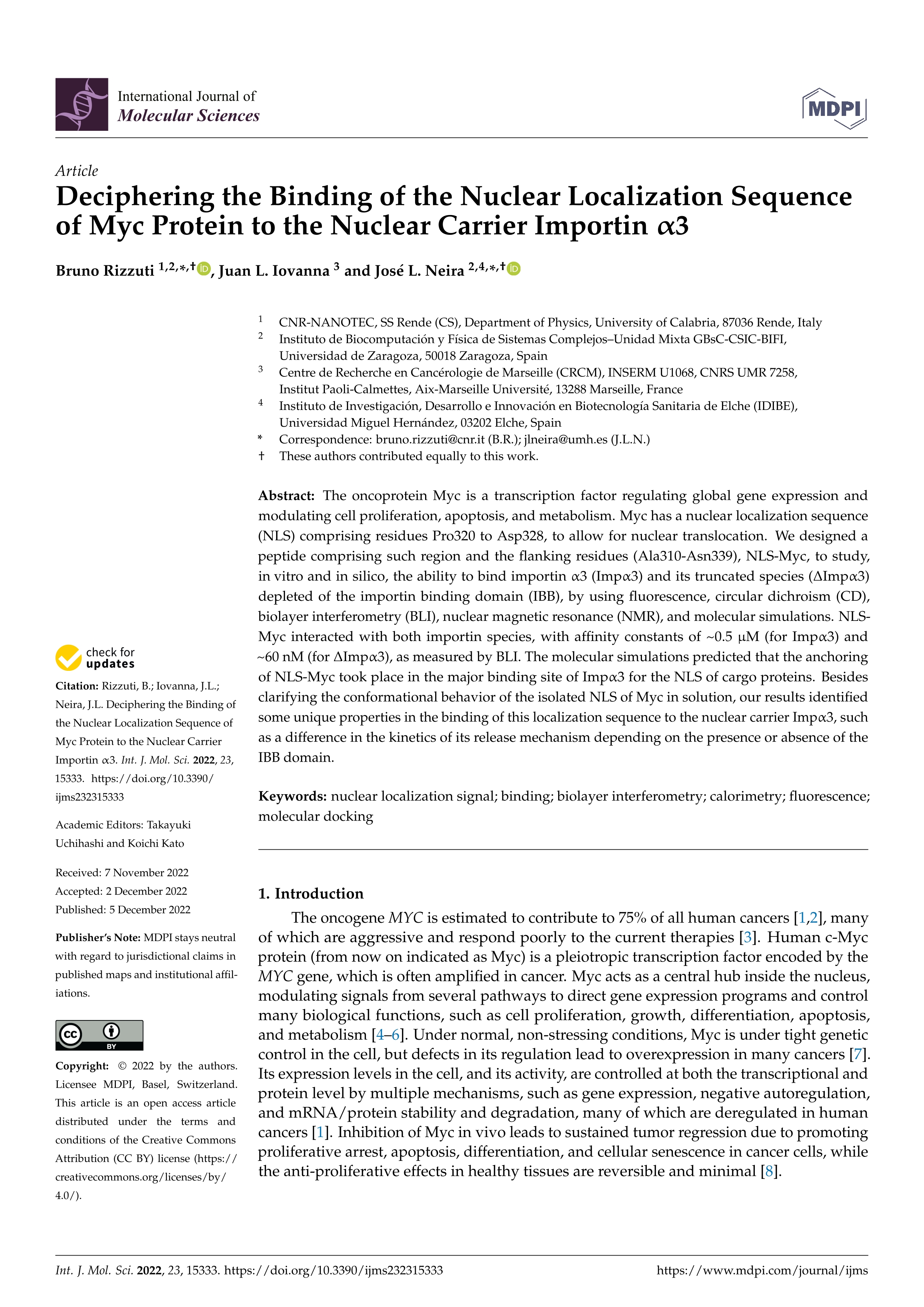 Deciphering the Binding of the Nuclear Localization Sequence of Myc Protein to the Nuclear Carrier Importin a3