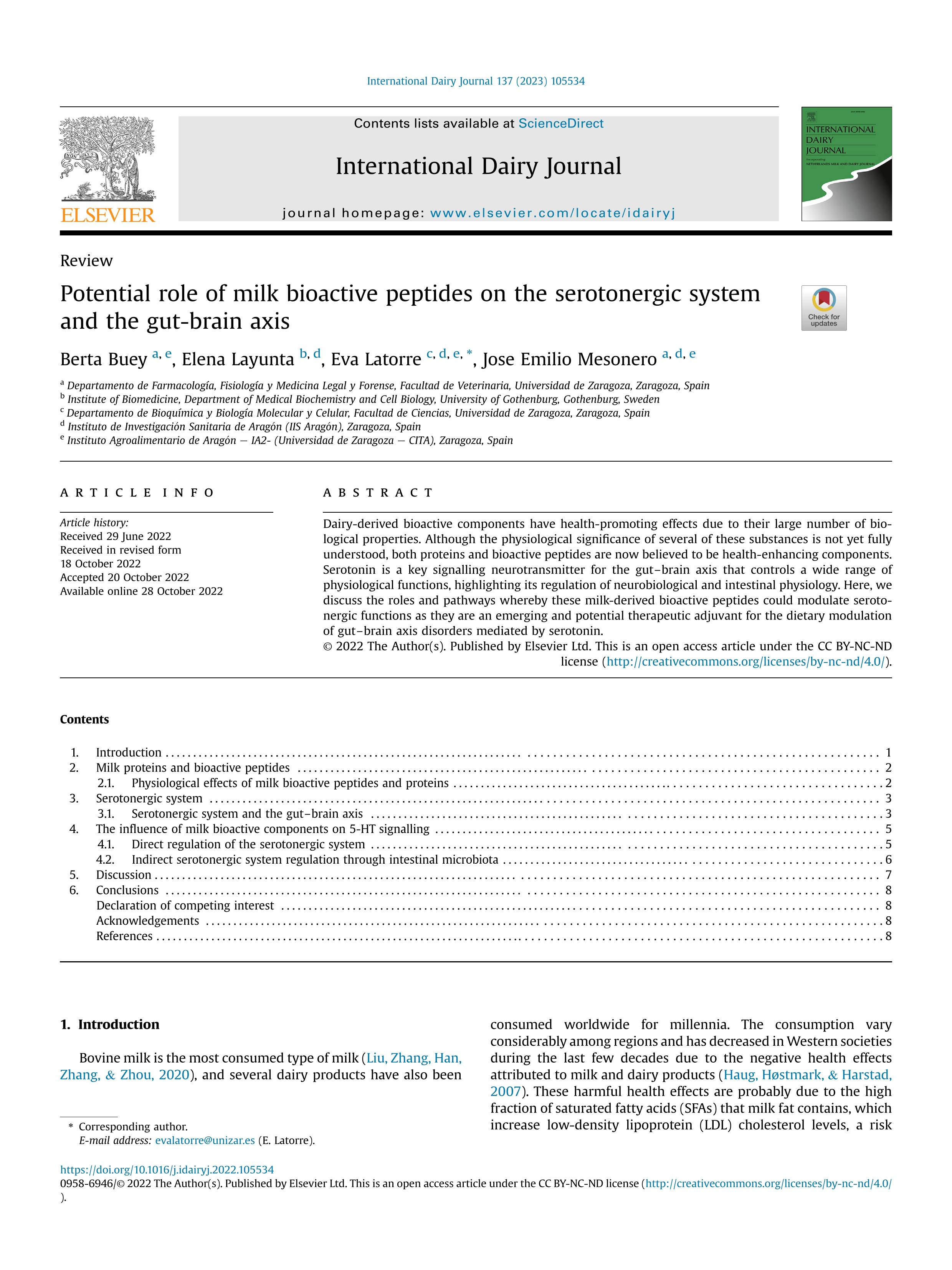 Potential role of milk bioactive peptides on the serotonergic system and the gut-brain axis