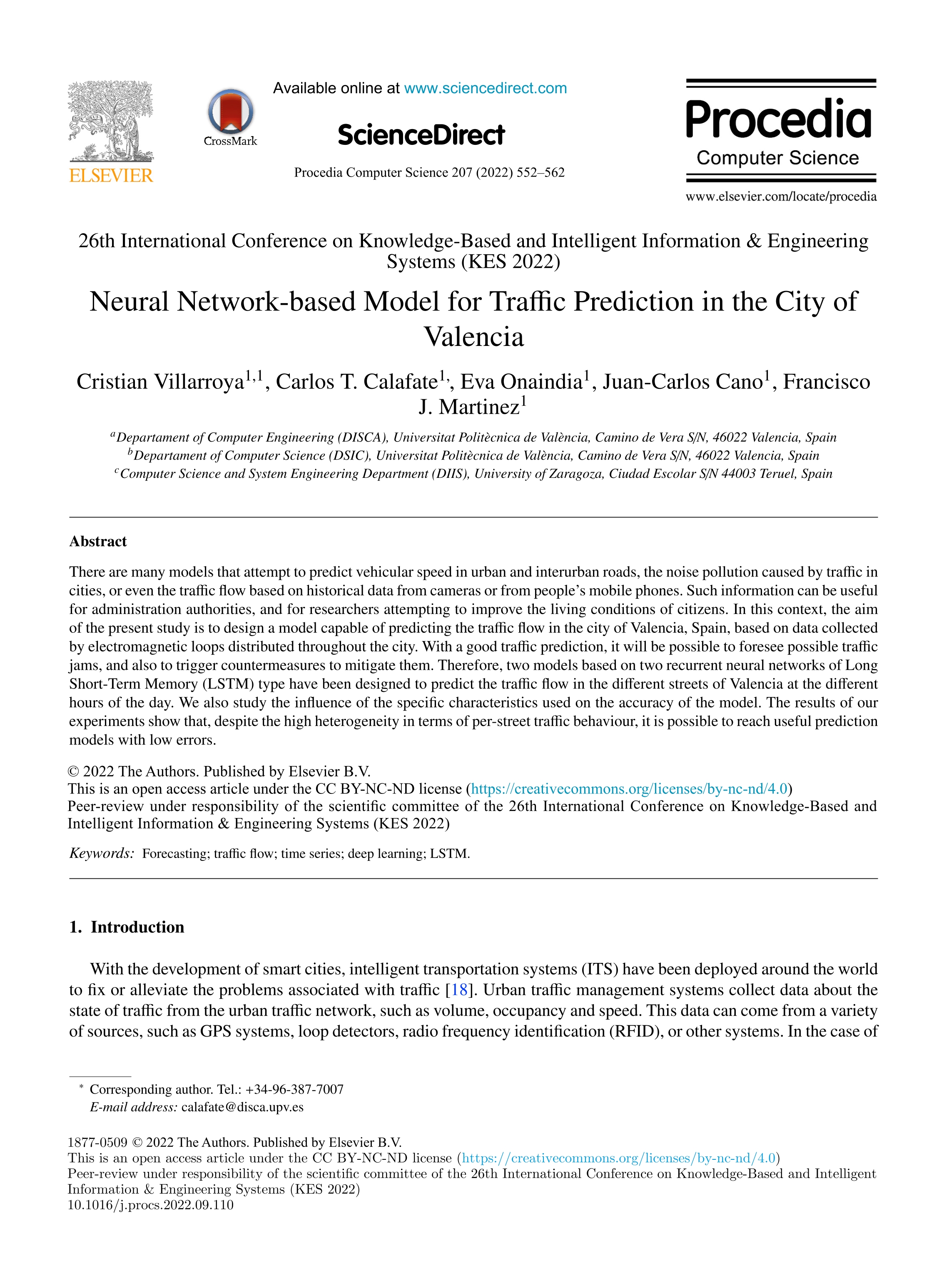 Neural Network-based Model for traffic prediction in the city of Valencia