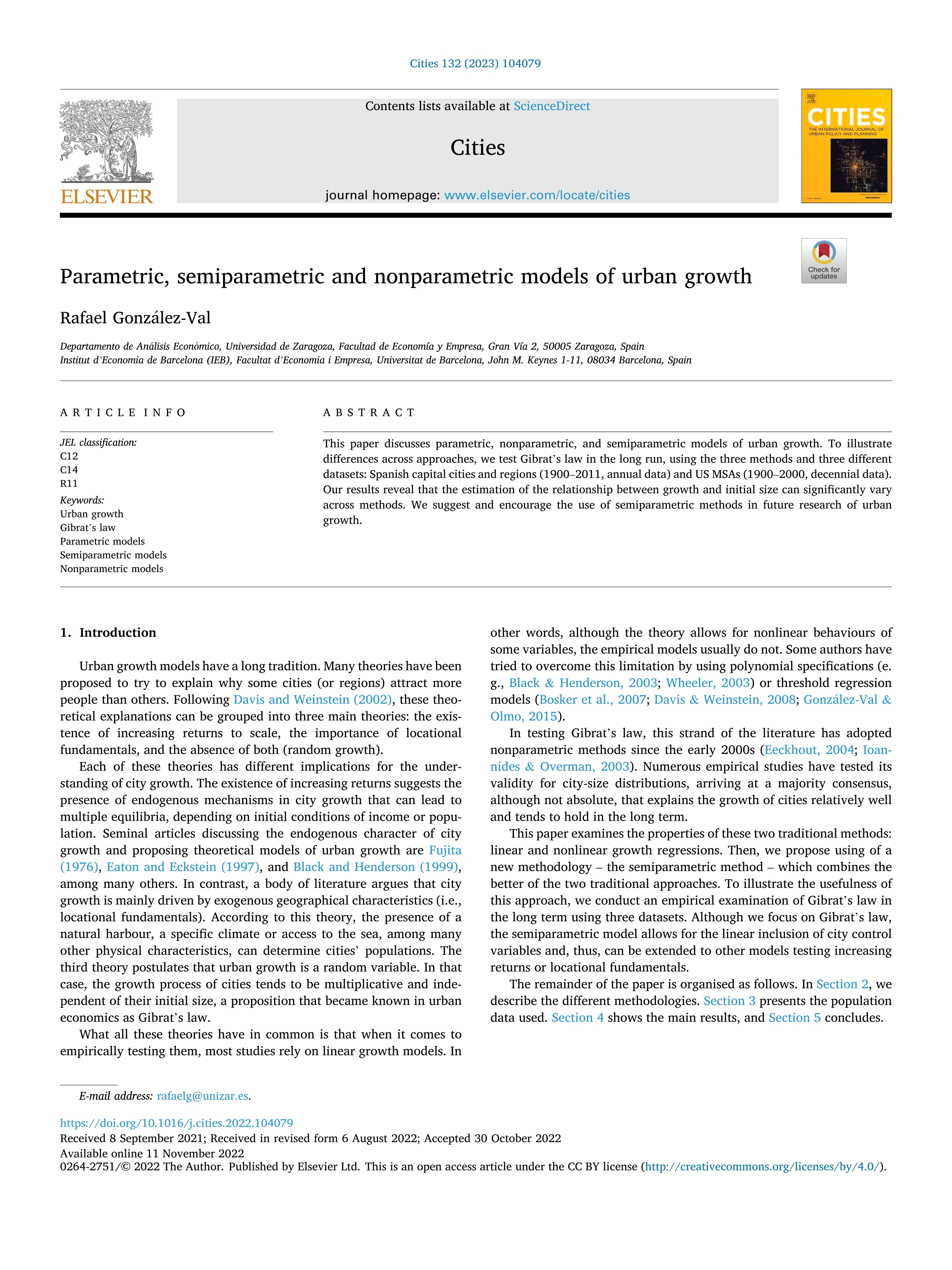 Parametric, semiparametric and nonparametric models of urban growth