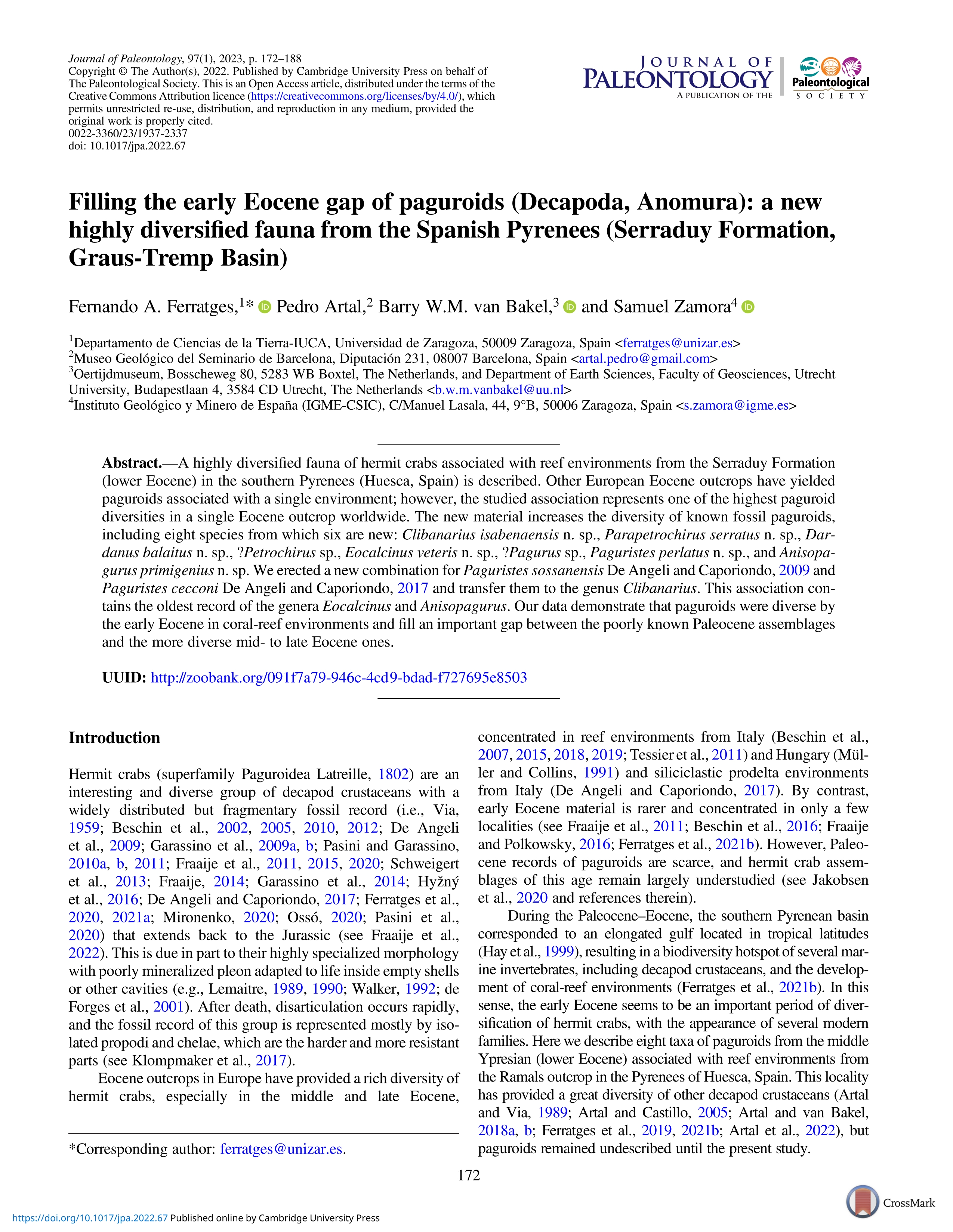 Filling the early Eocene gap of paguroids (Decapoda, Anomura): a new highly diversified fauna from the Spanish Pyrenees (Serraduy Formation, Graus-Tremp Basin)