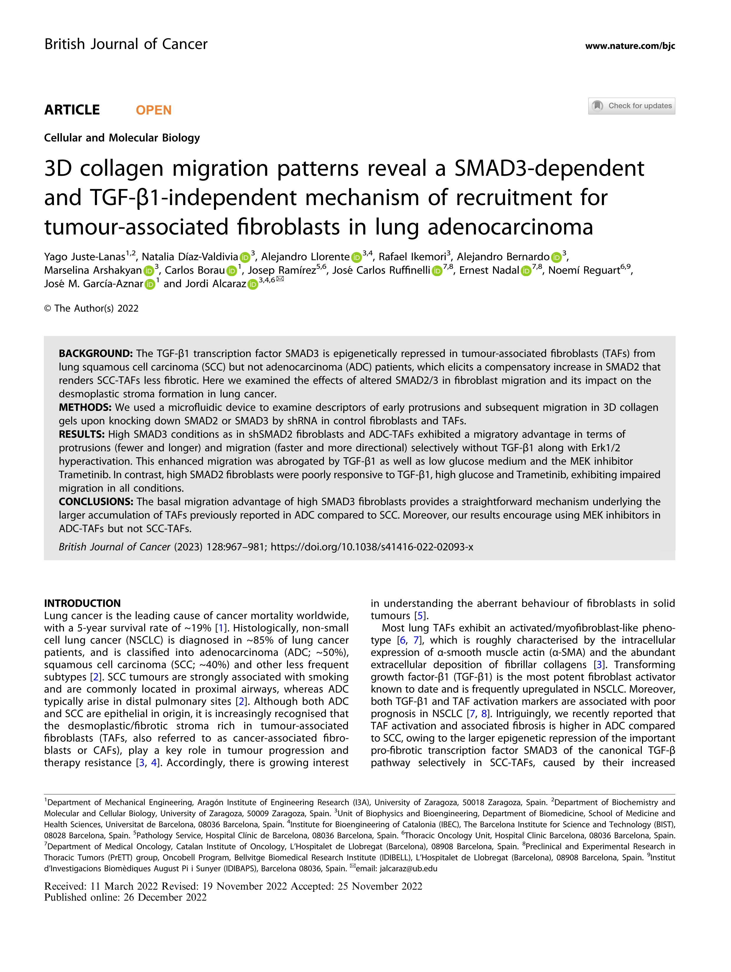 3D collagen migration patterns reveal a SMAD3-dependent and TGF-ß1-independent mechanism of recruitment for tumour-associated fibroblasts in lung adenocarcinoma
