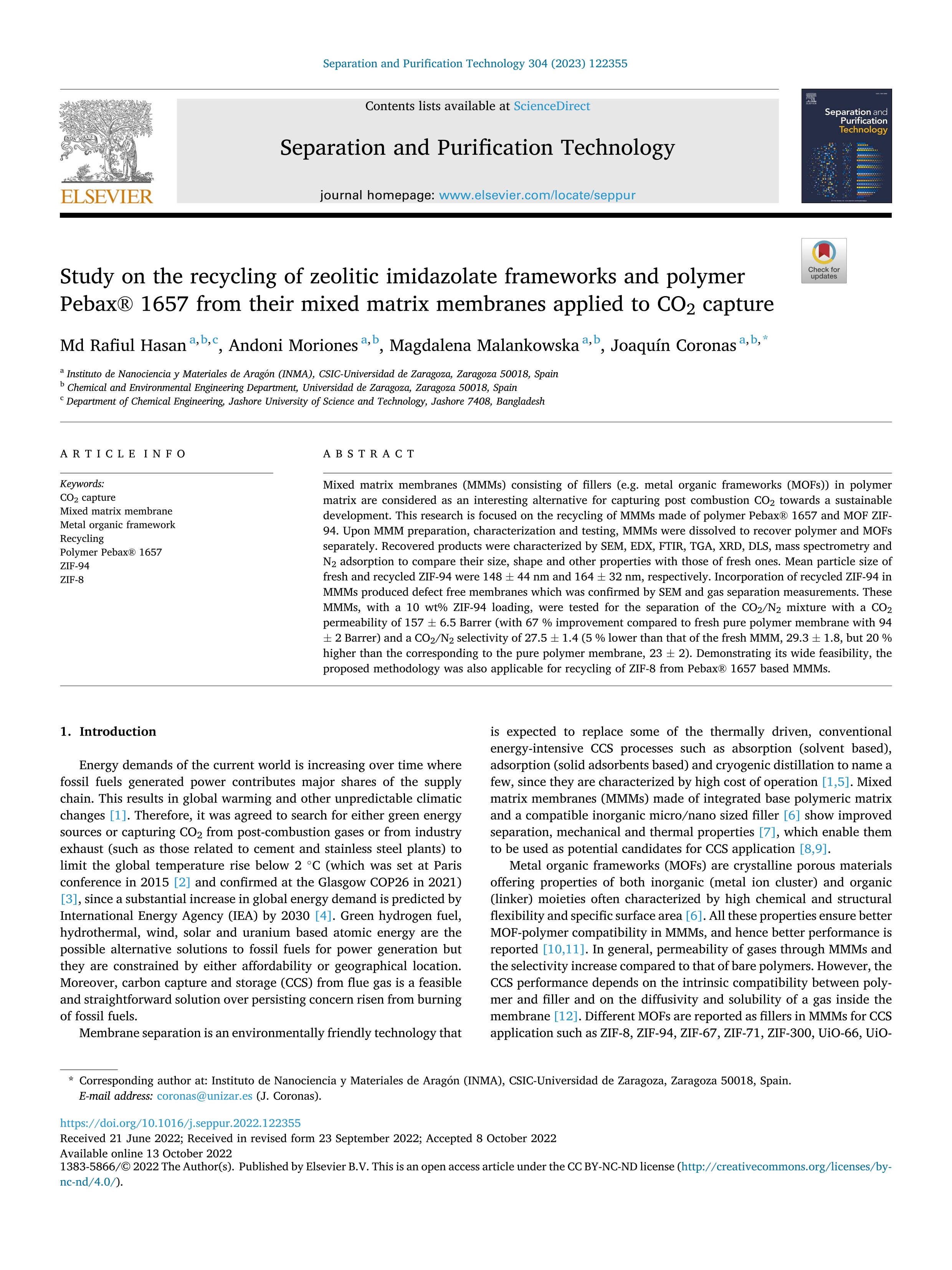 Study on the recycling of zeolitic imidazolate frameworks and polymer Pebax® 1657 from their mixed matrix membranes applied to CO2 capture