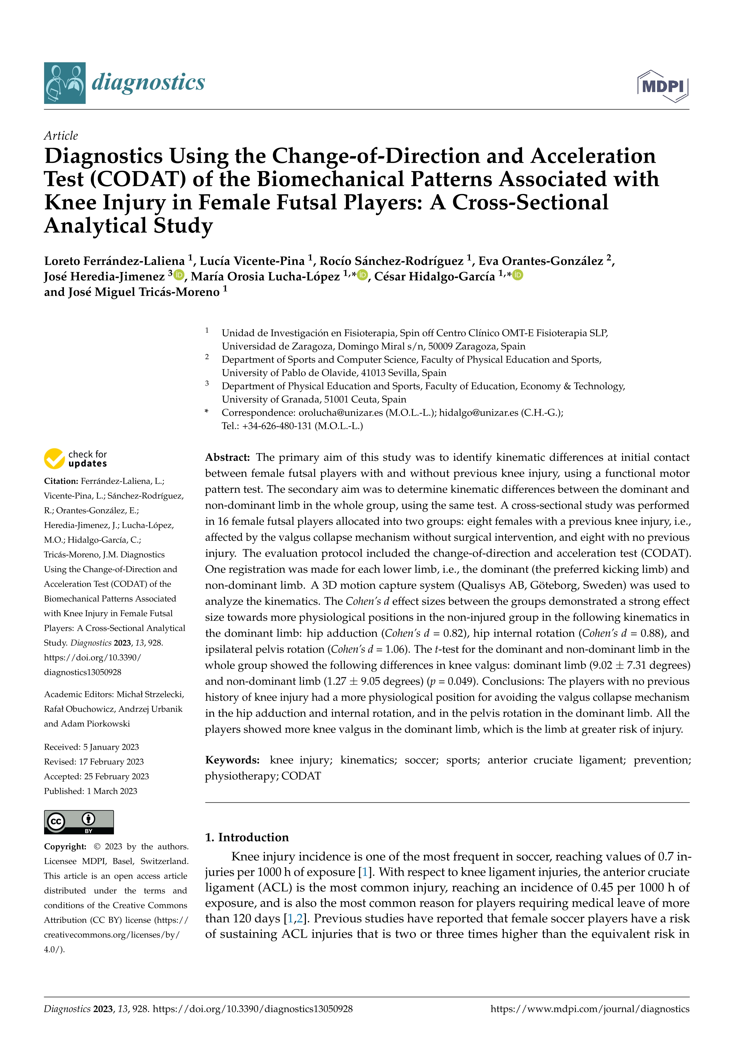 Diagnostics using the change-of-direction and acceleration test (CODAT) of the biomechanical patterns associated with knee injury in female futsal players: a cross-sectional analytical study