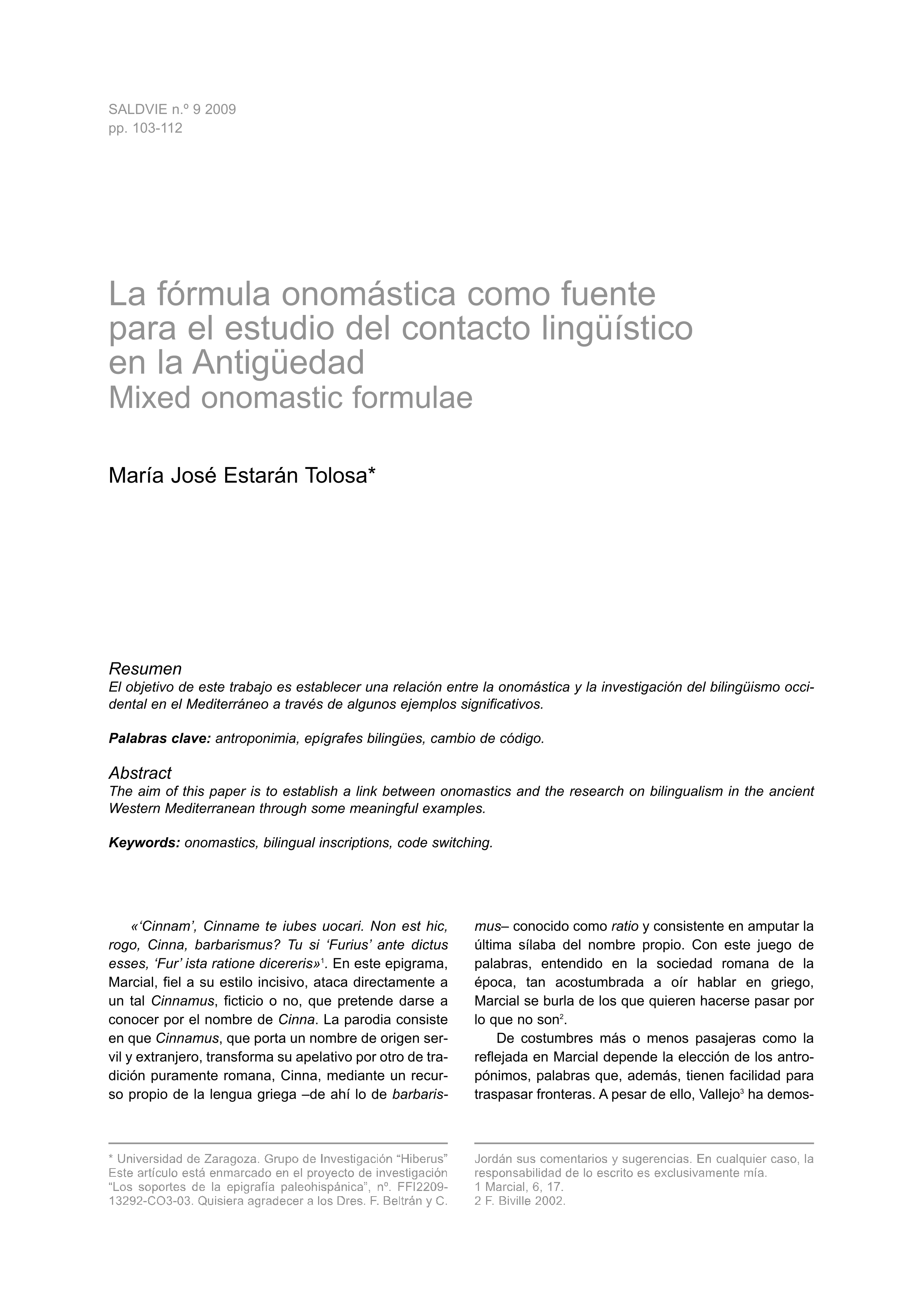 La fórmula onomástica como fuente para el estudio del contacto lingüístico en la Antigüedad