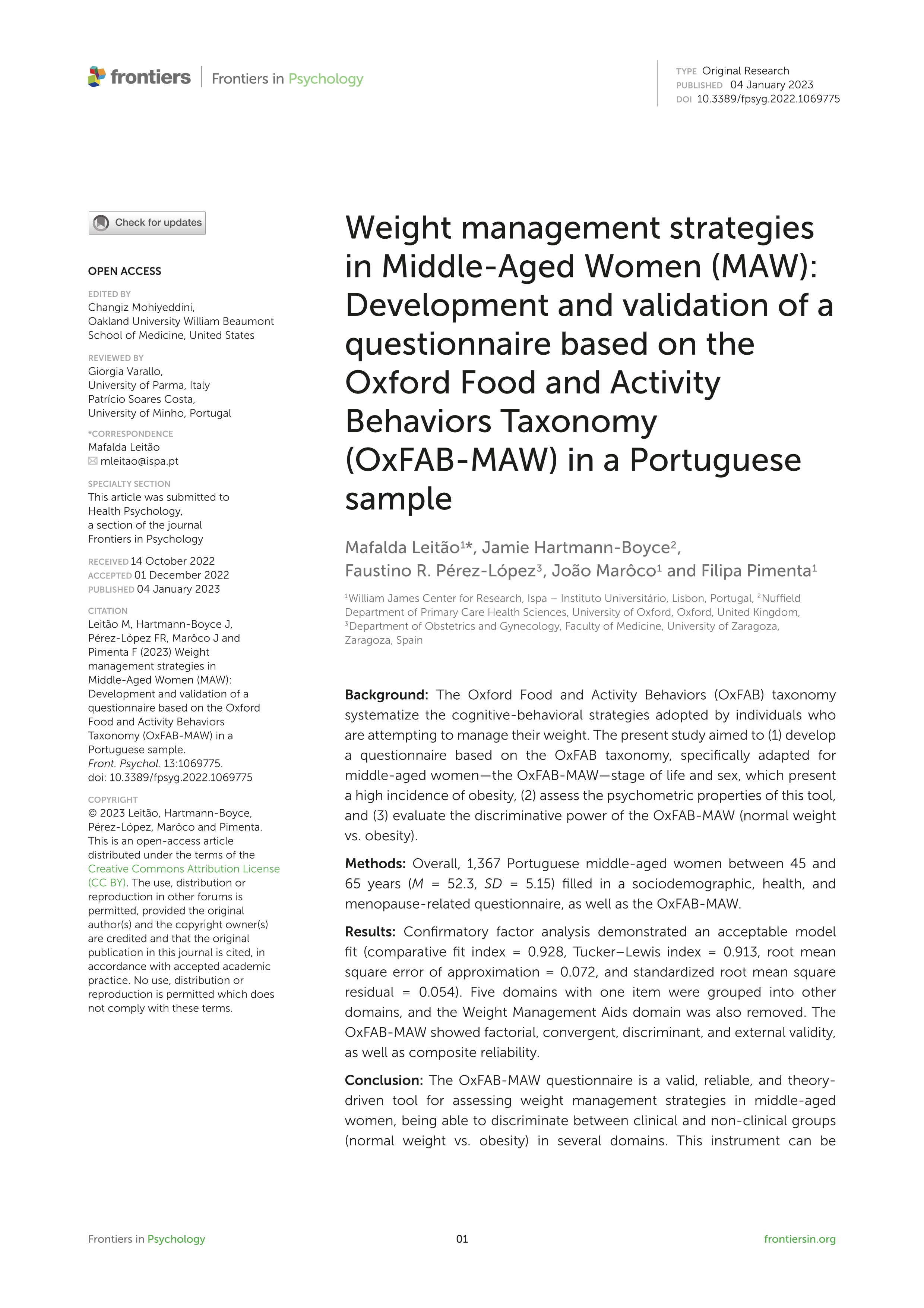 Weight management strategies in Middle-Aged Women (MAW): Development and validation of a questionnaire based on the Oxford Food and Activity Behaviors Taxonomy (OxFAB-MAW) in a Portuguese sample