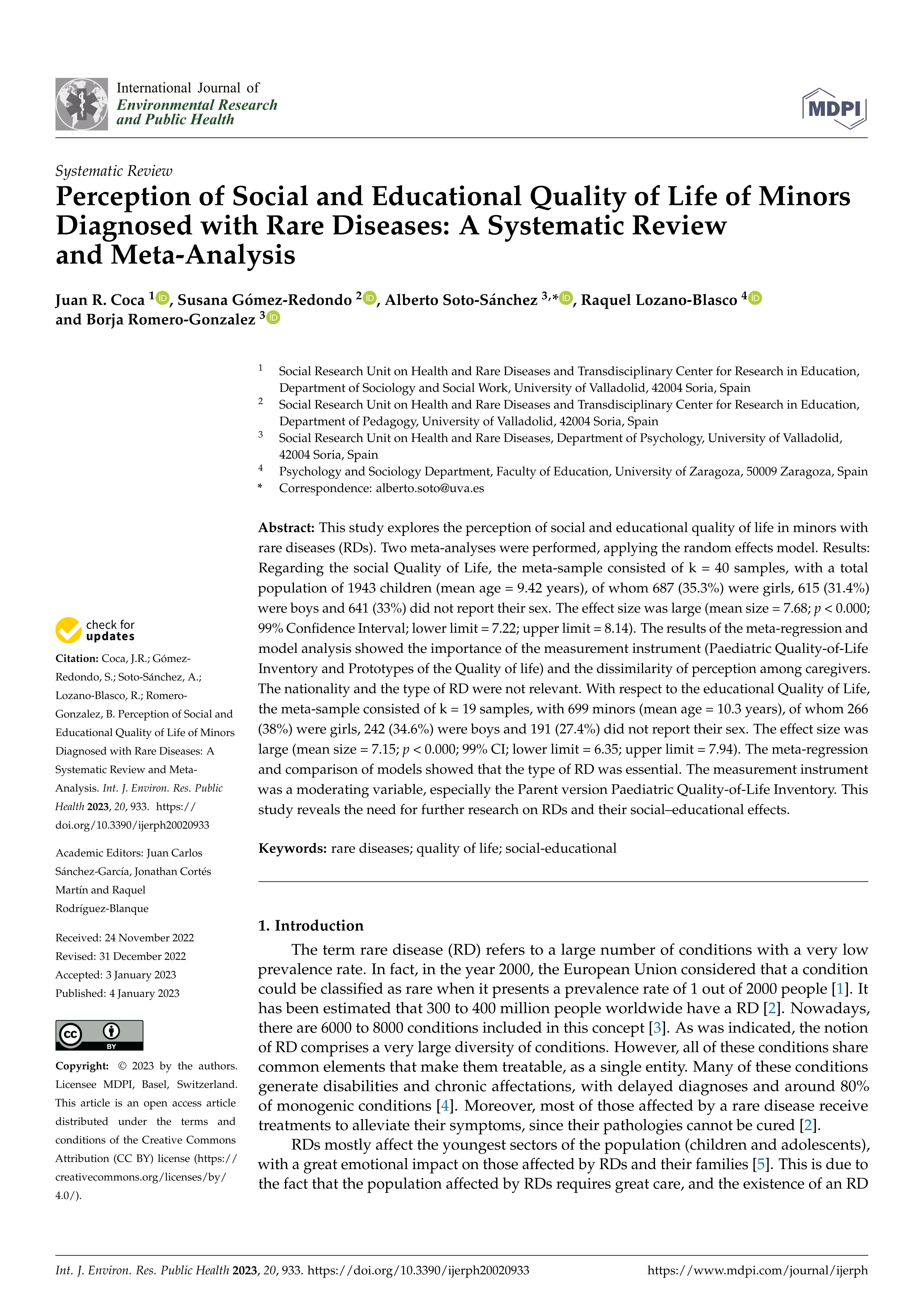 Perception of social and educational quality of life of minors diagnosed with rare diseases: a systematic review and meta-analysis