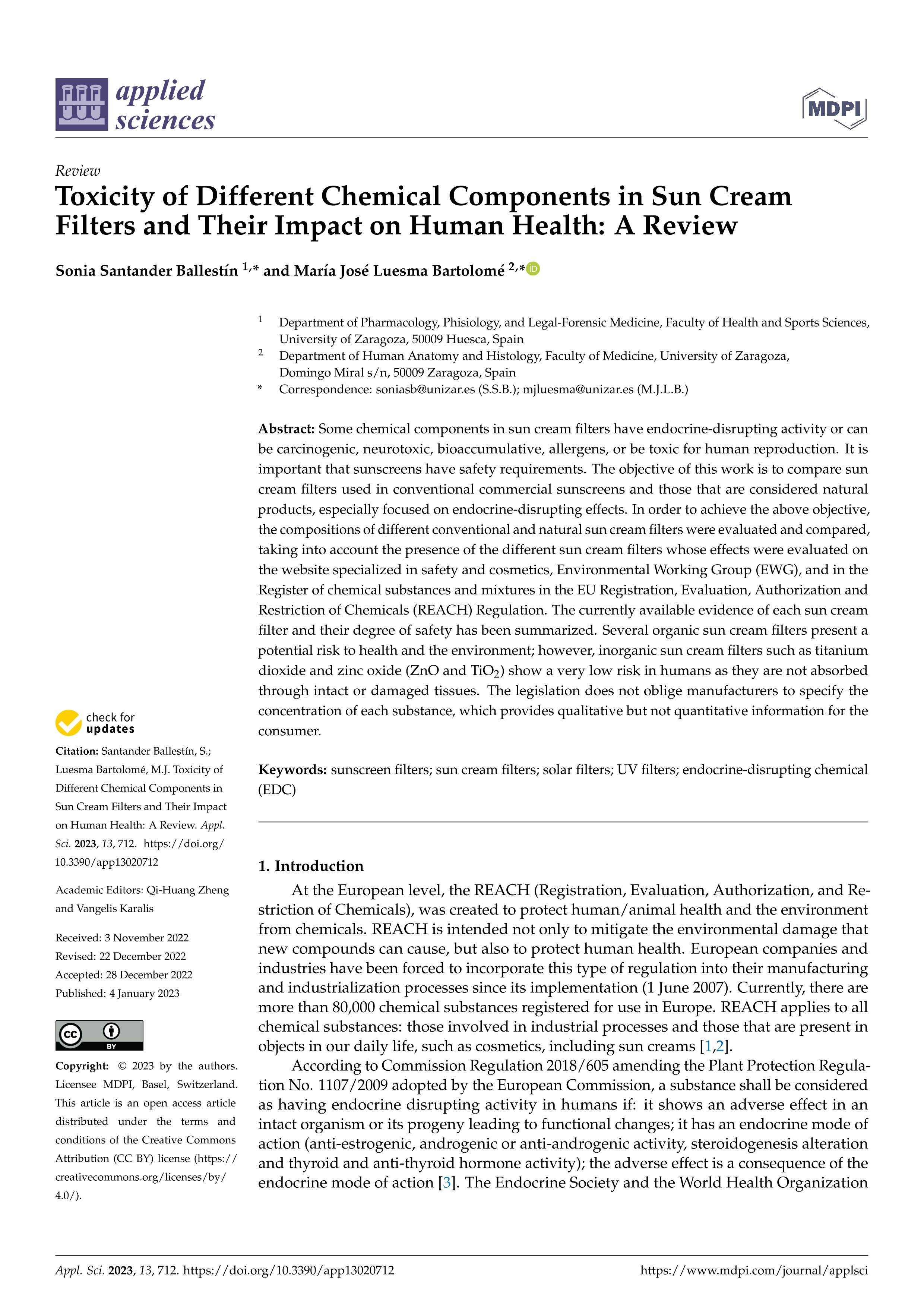 Toxicity of Different Chemical Components in Sun Cream Filters and Their Impact on Human Health: A Review