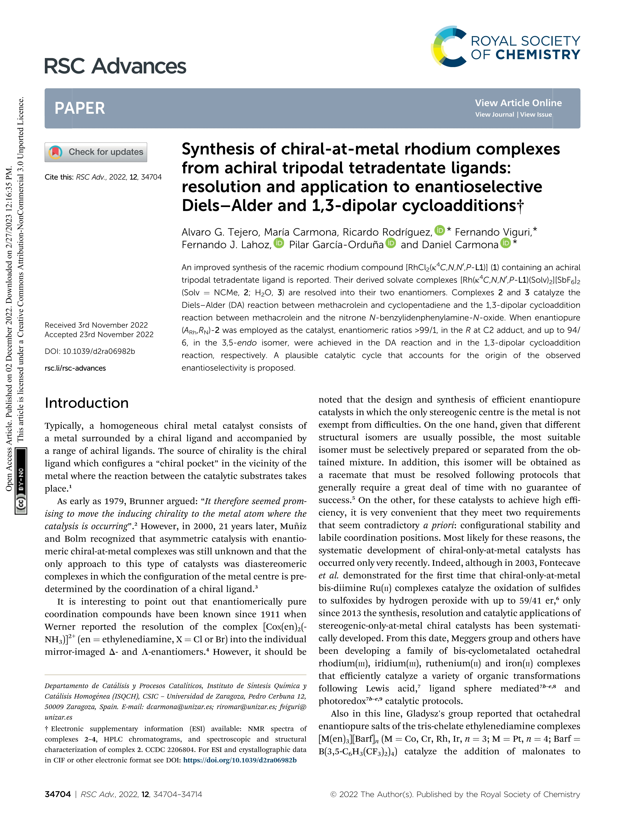 Synthesis of chiral-at-metal rhodium complexes from achiral tripodal tetradentate ligands: resolution and application to enantioselective Diels–Alder and 1,3-dipolar cycloadditions