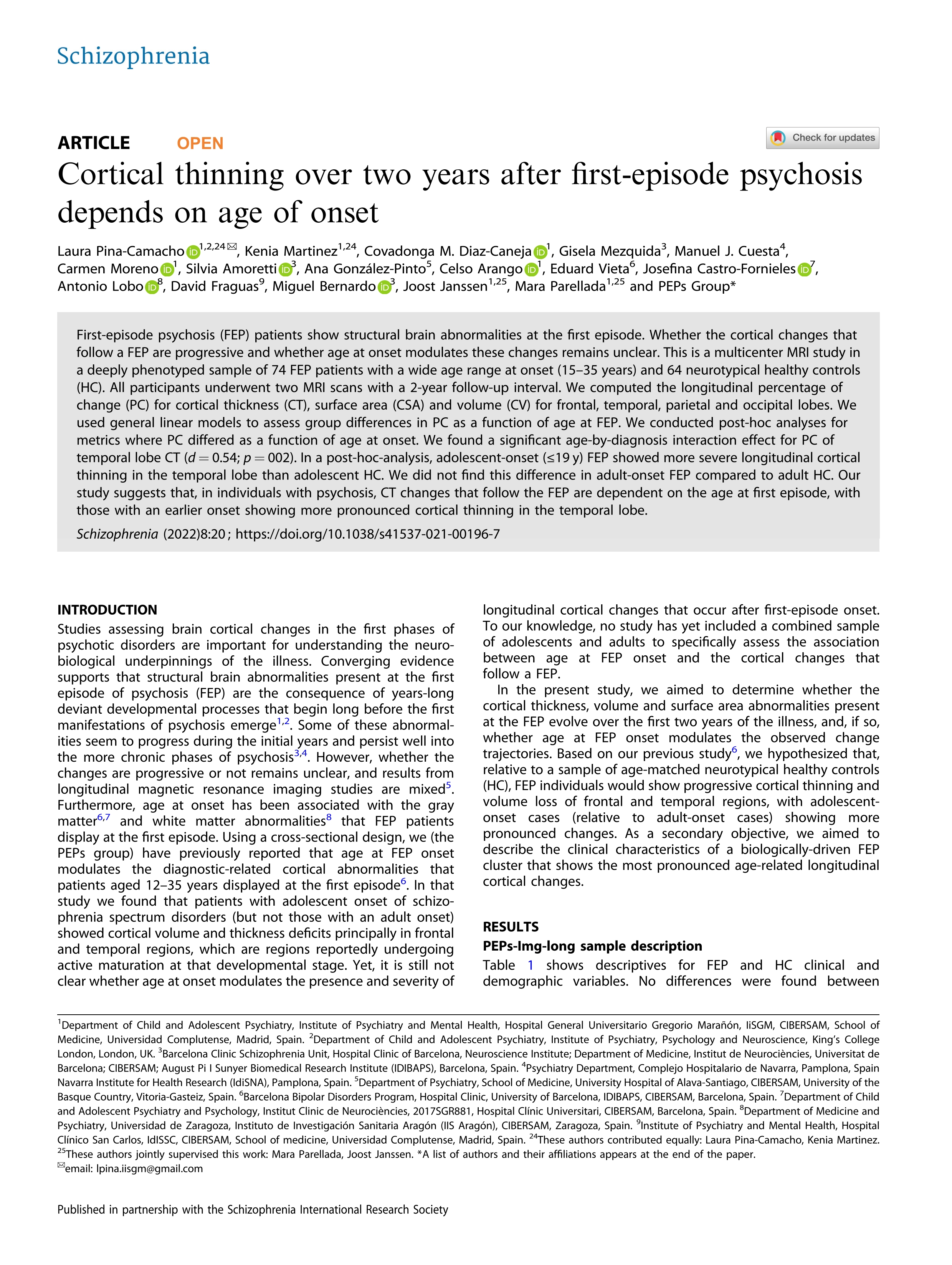 Cortical thinning over two years after first-episode psychosis depends on age of onset