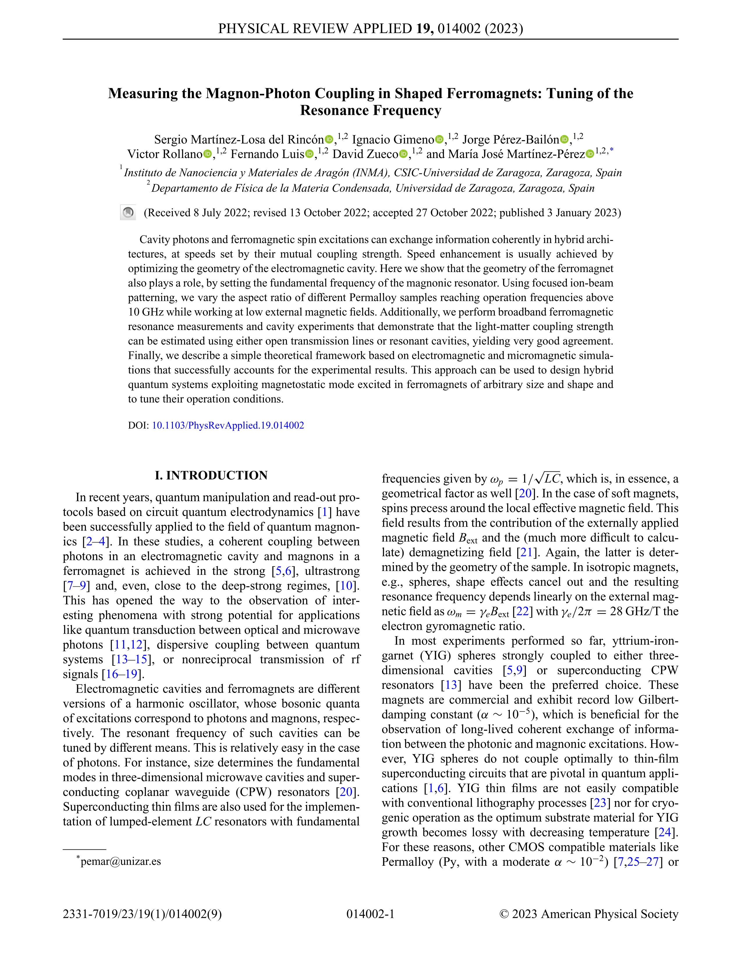 Measuring the Magnon-Photon Coupling in Shaped Ferromagnets: Tuning of the Resonance Frequency