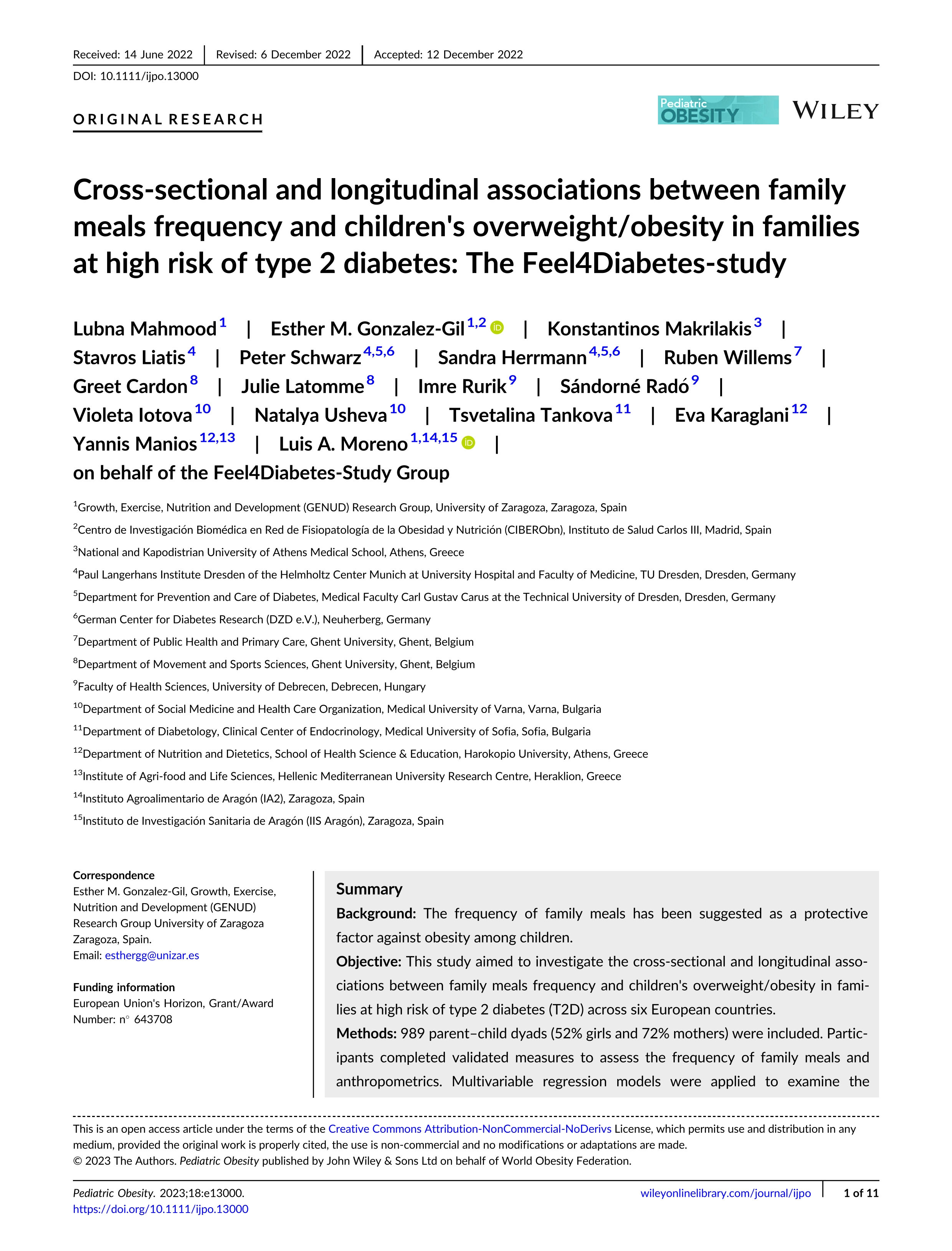 Cross-sectional and longitudinal associations between family meals frequency and children's overweight/obesity in families at high risk of type 2 diabetes: The Feel4Diabetes            <scp>-</scp>            study