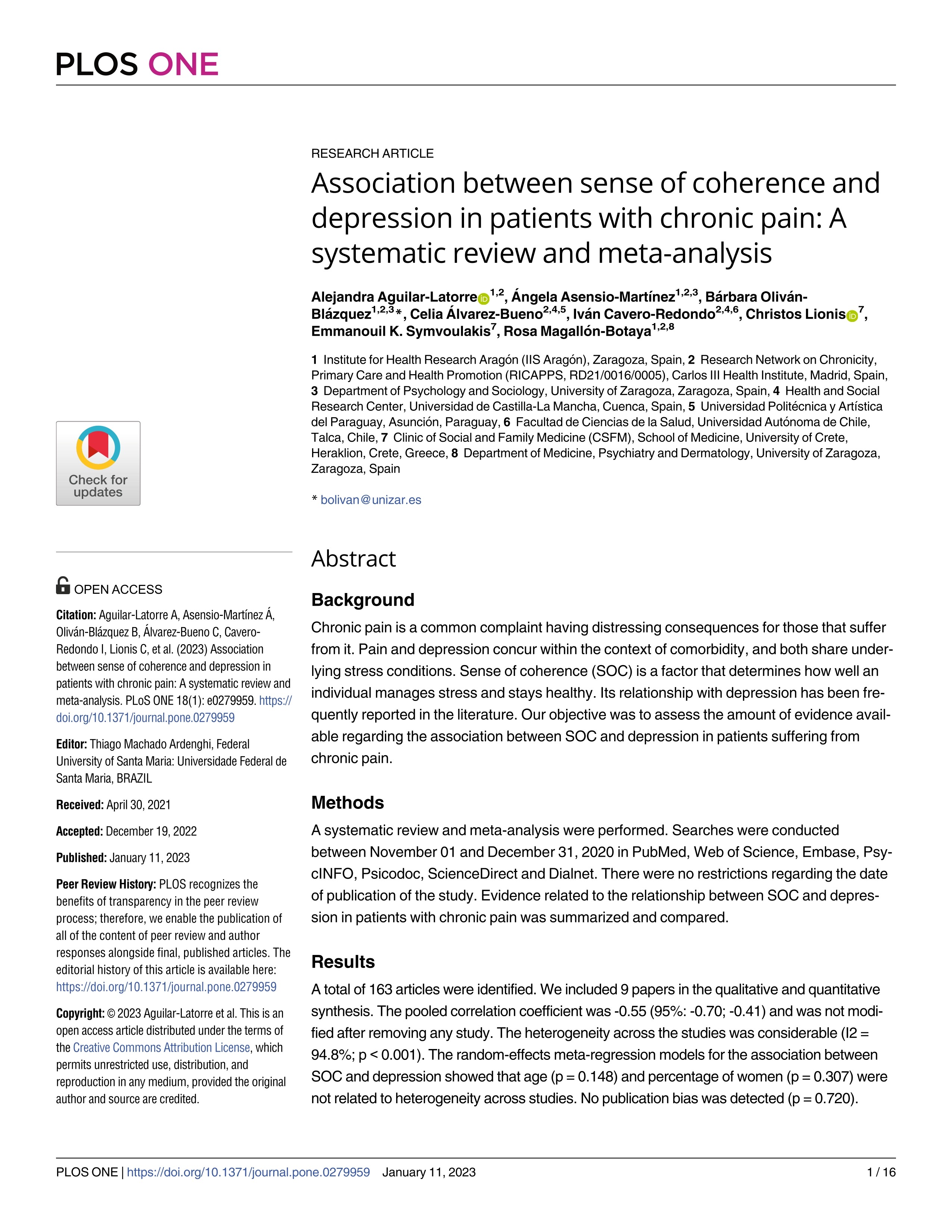 Association between sense of coherence and depression in patients with chronic pain: A systematic review and meta-analysis