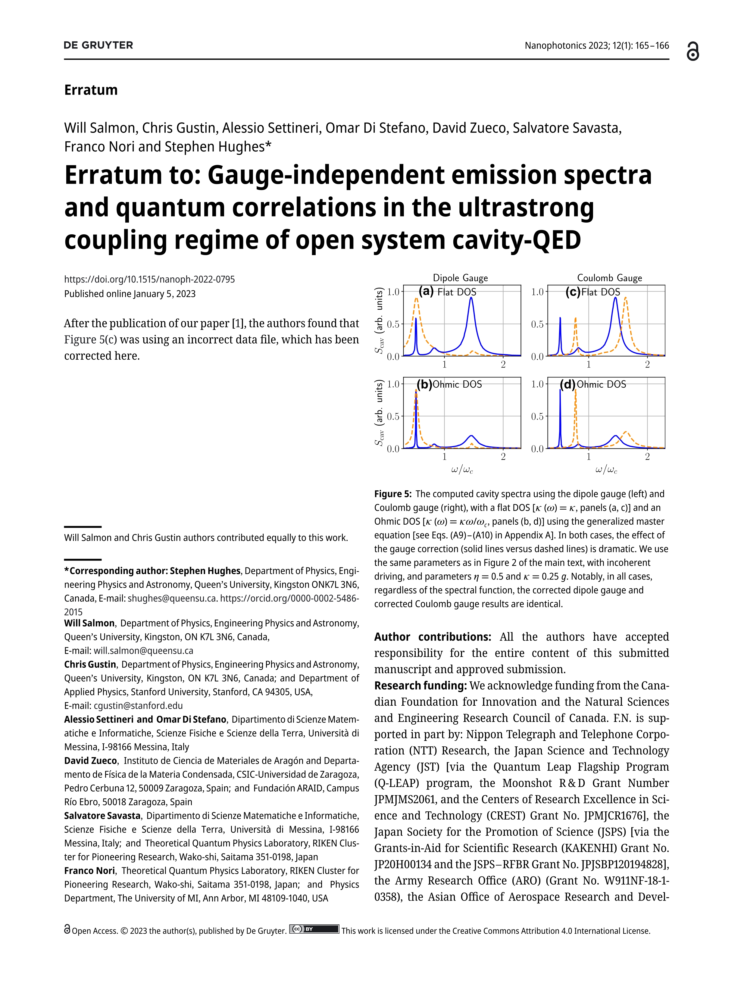 Erratum to: Gauge-independent emission spectra and quantum correlations in the ultrastrong coupling regime of open system cavity-QED