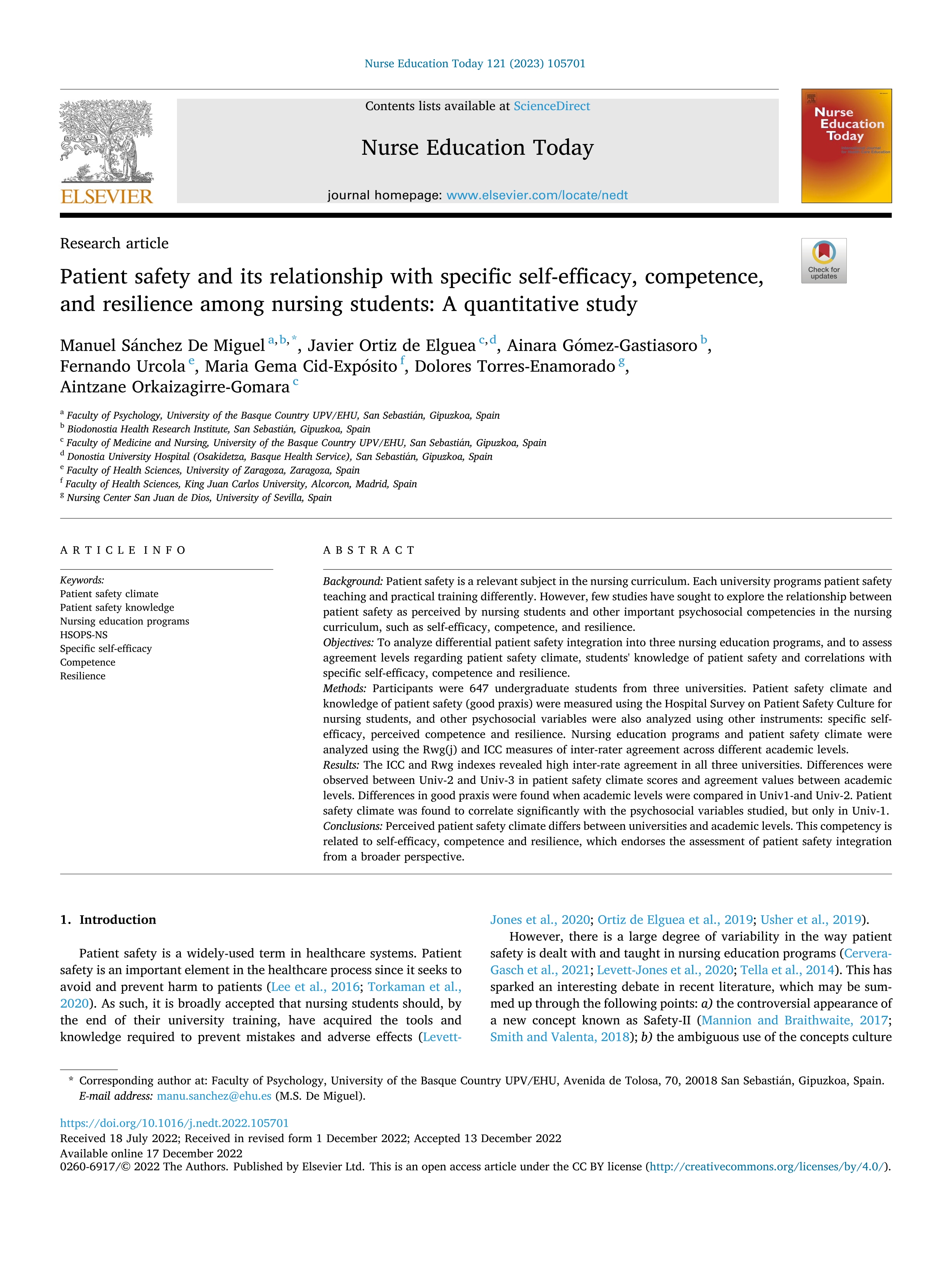 Patient safety and its relationship with specific self-efficacy, competence, and resilience among nursing students: A quantitative study