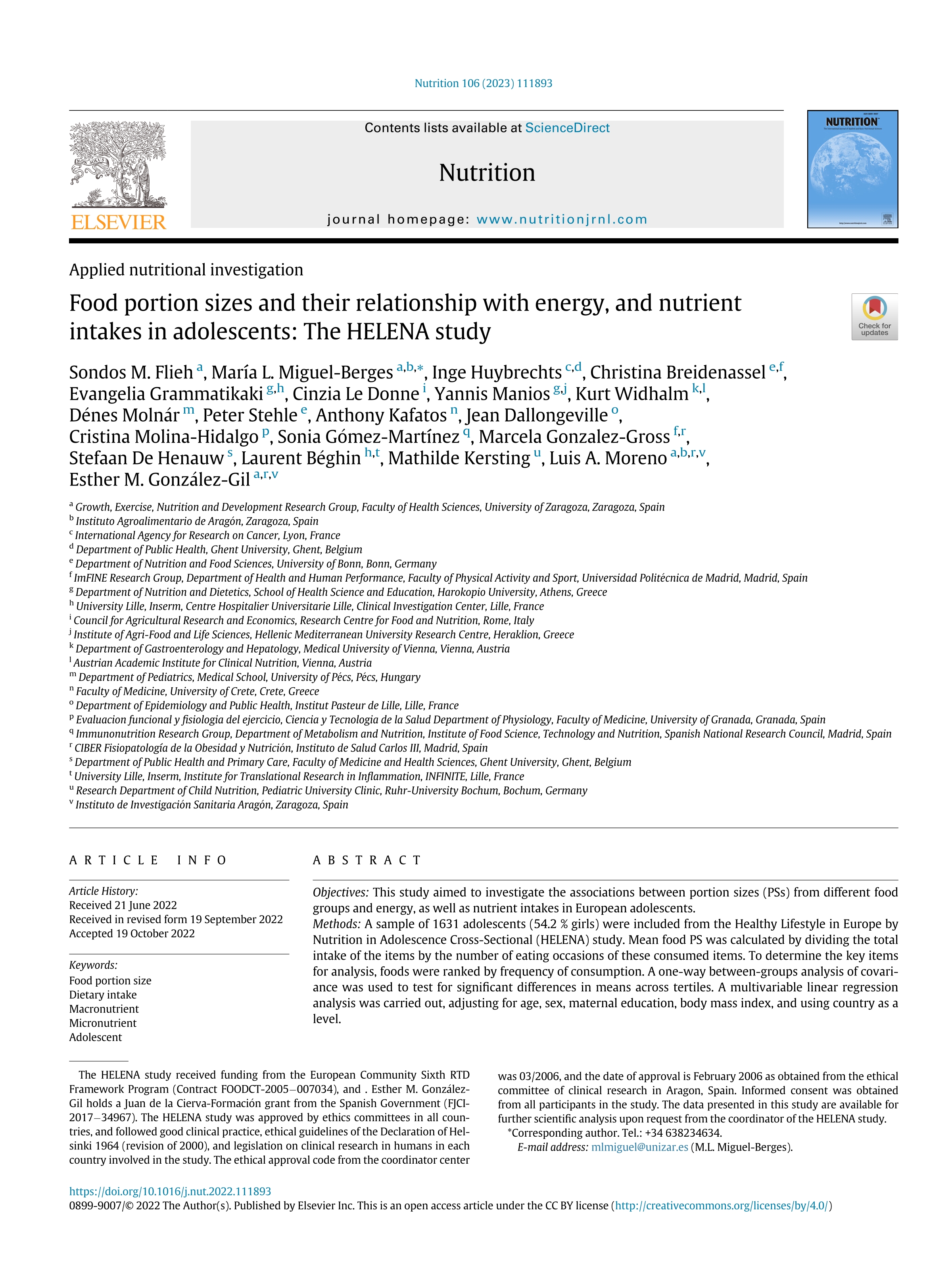 Food portion sizes and their relationship with energy, and nutrient intakes in adolescents: The HELENA study