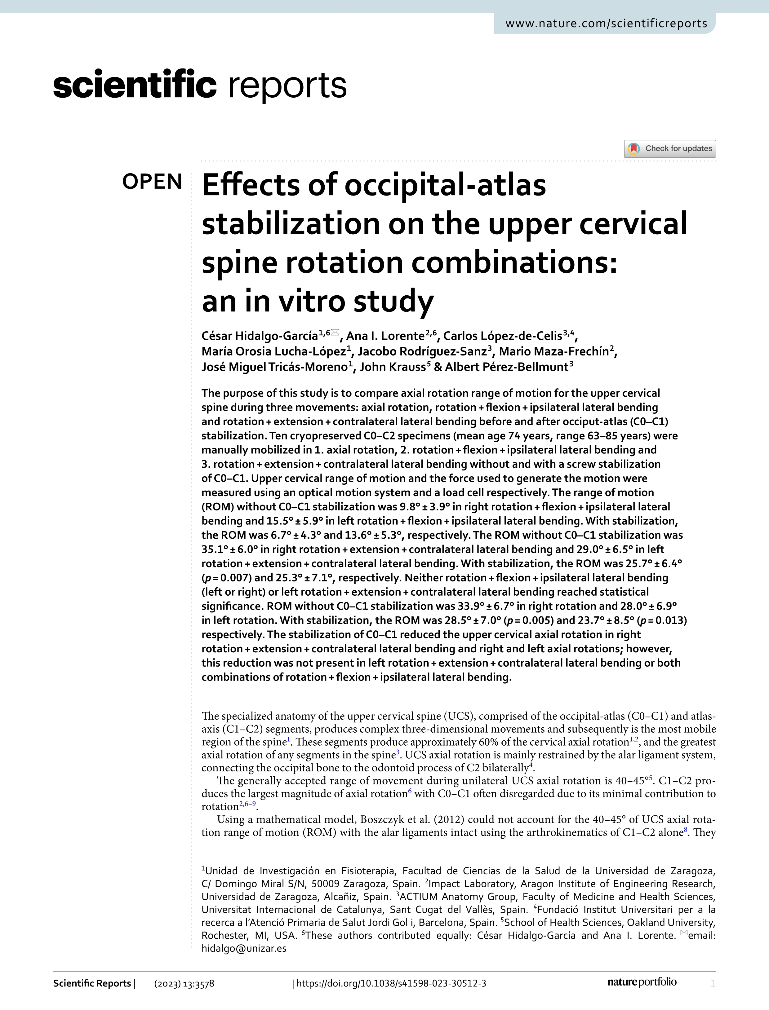 Effects of occipital-atlas stabilization on the upper cervical spine rotation combinations: an in vitro study