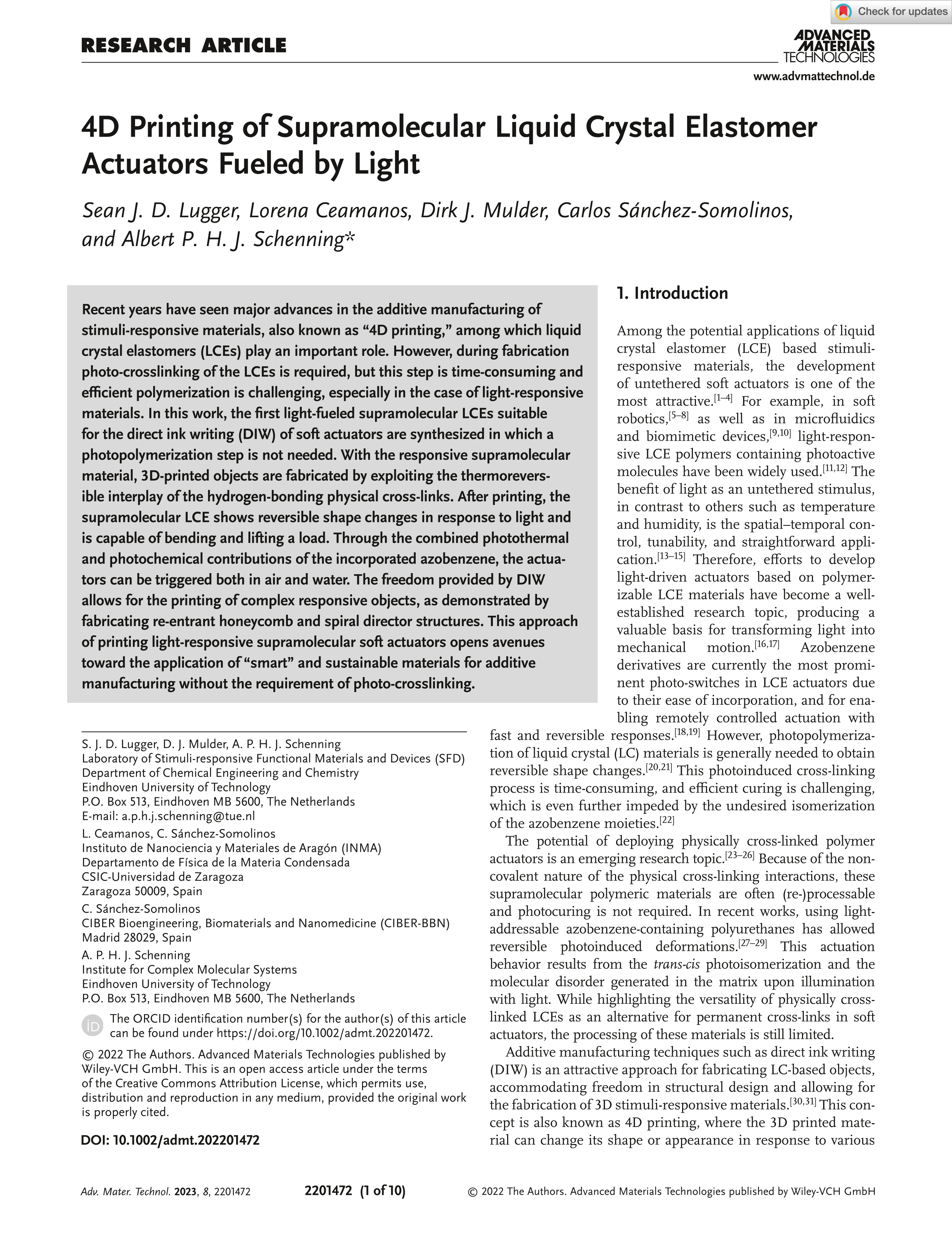 4D printing of supramolecular liquid crystal elastomer actuators fueled by light