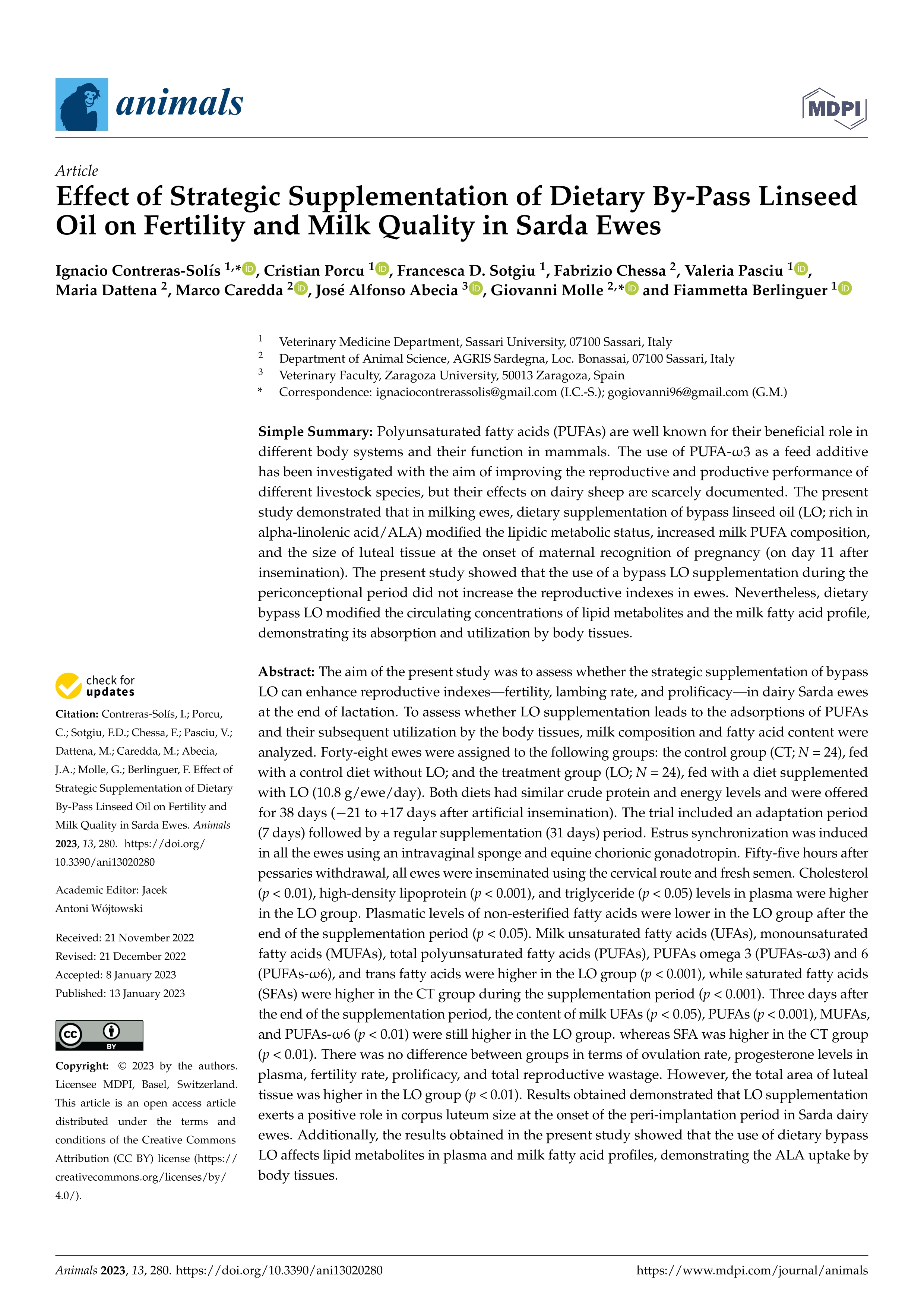 Effect of strategic supplementation of dietary by-pass linseed oil on fertility and milk quality in sarda ewes