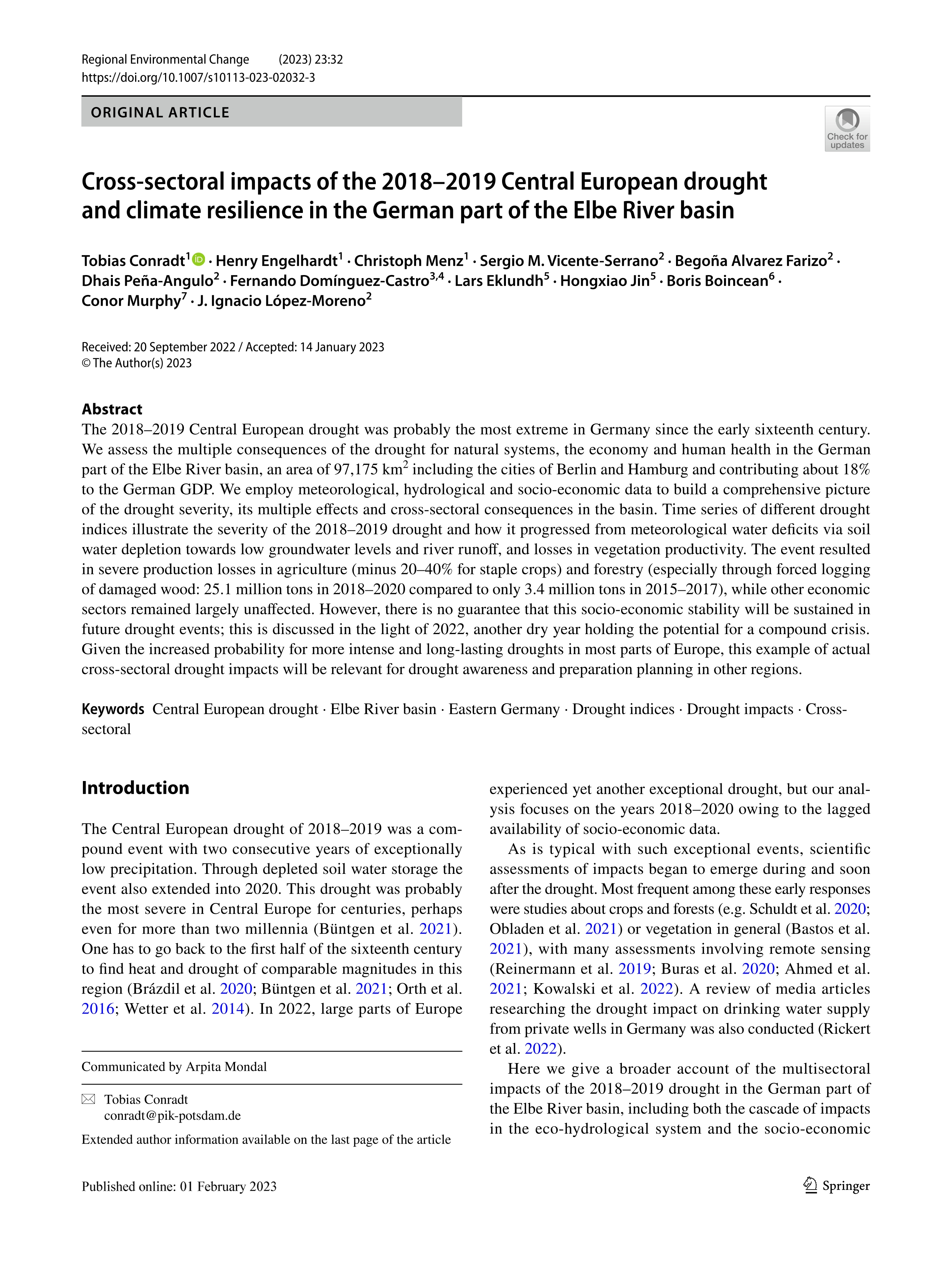 Cross-sectoral impacts of the 2018–2019 Central European drought and climate resilience in the German part of the Elbe River basin