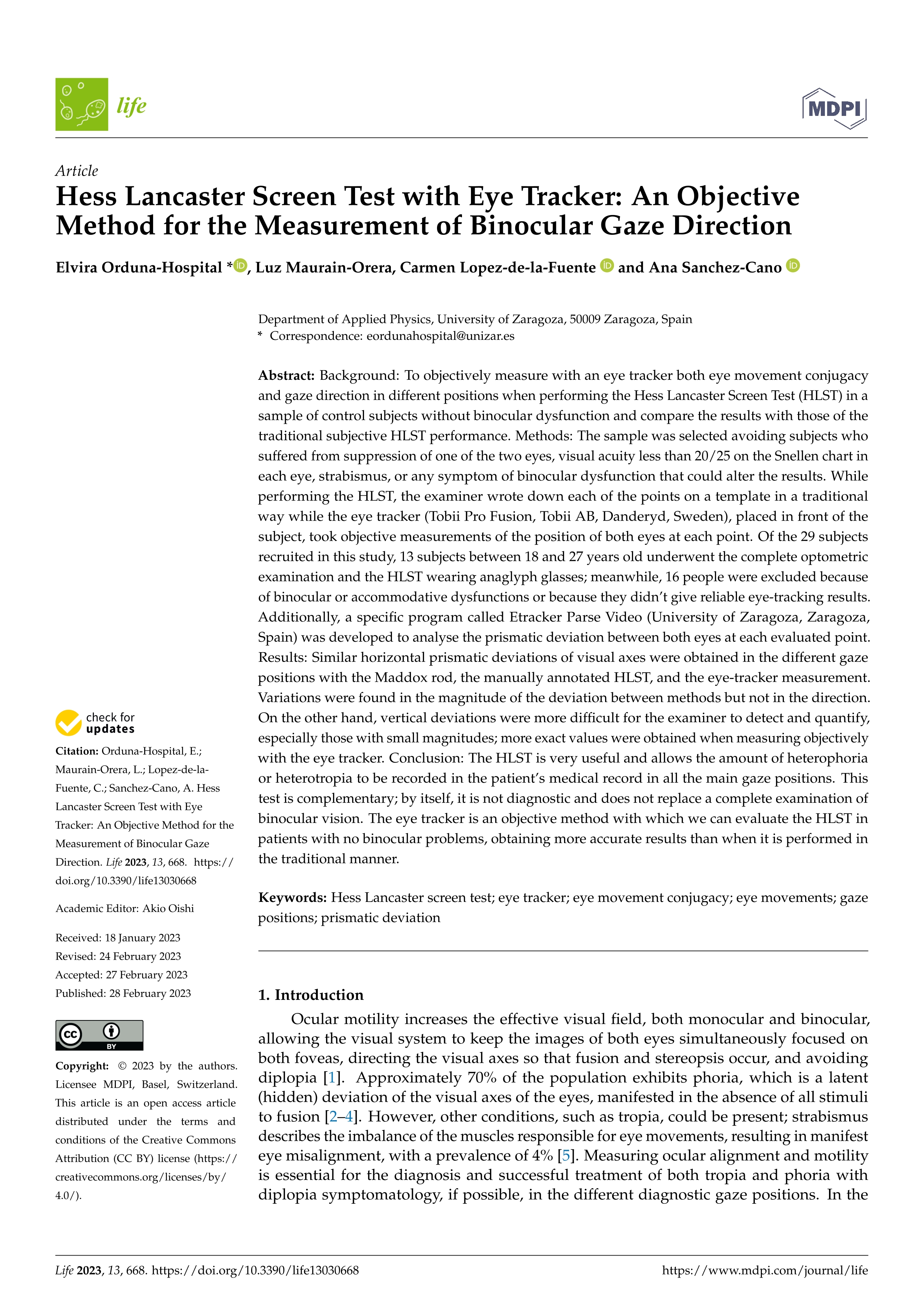 Hess Lancaster screen test with eye tracker: an objective method for the measurement of binocular gaze direction