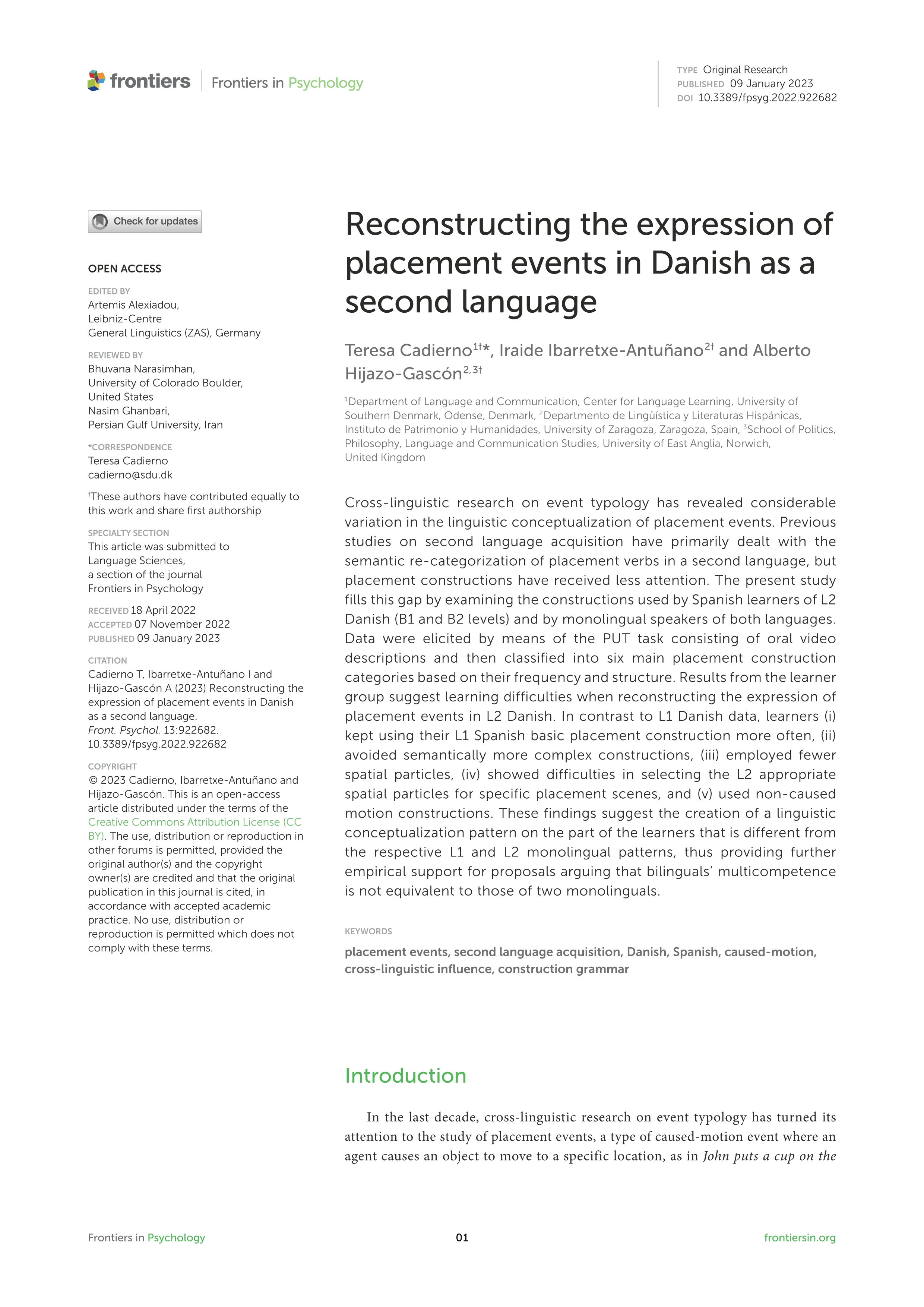 Reconstructing the expression of placement events in Danish as a second language