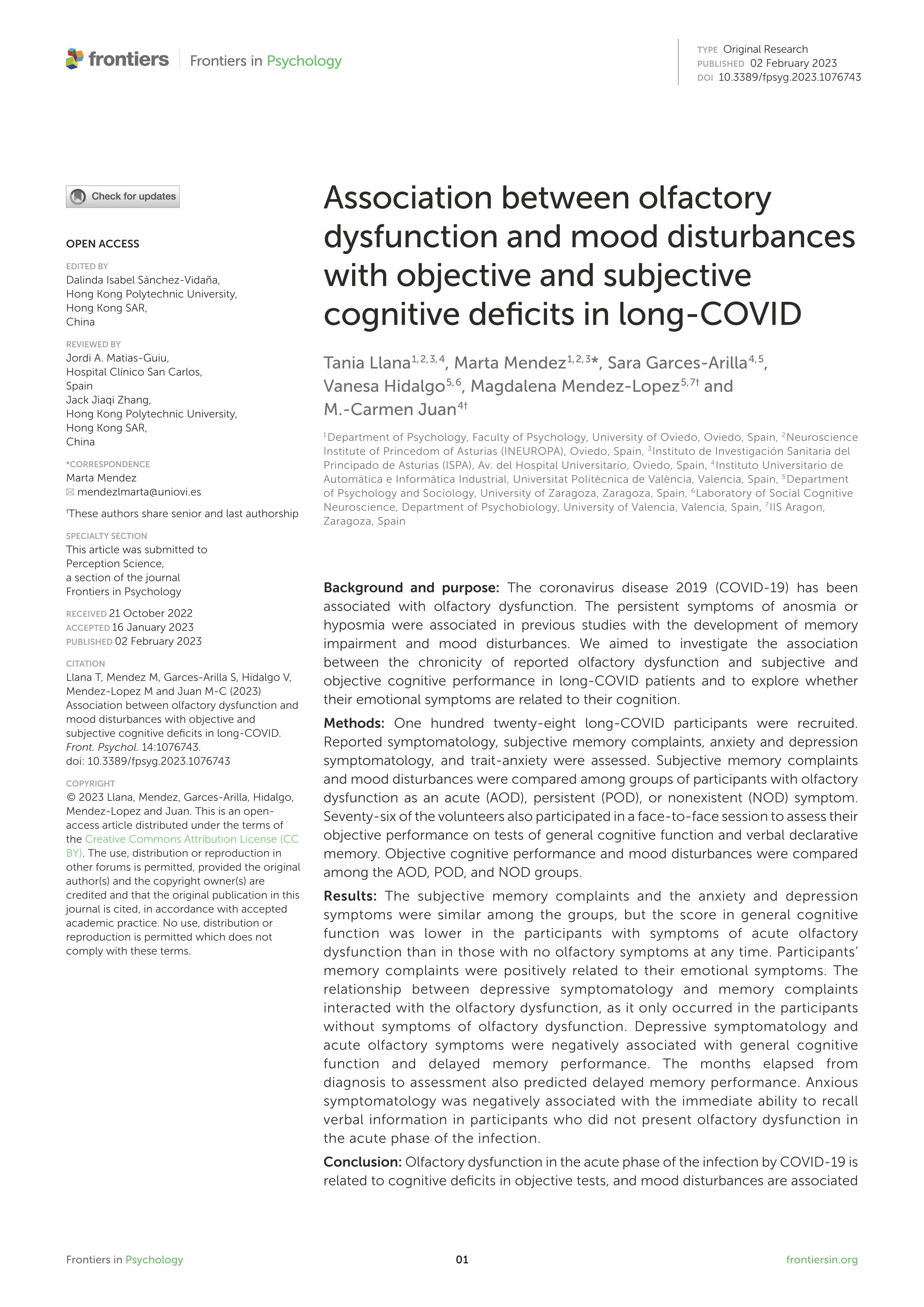 Association between olfactory dysfunction and mood disturbances with objective and subjective cognitive deficits in long-COVID