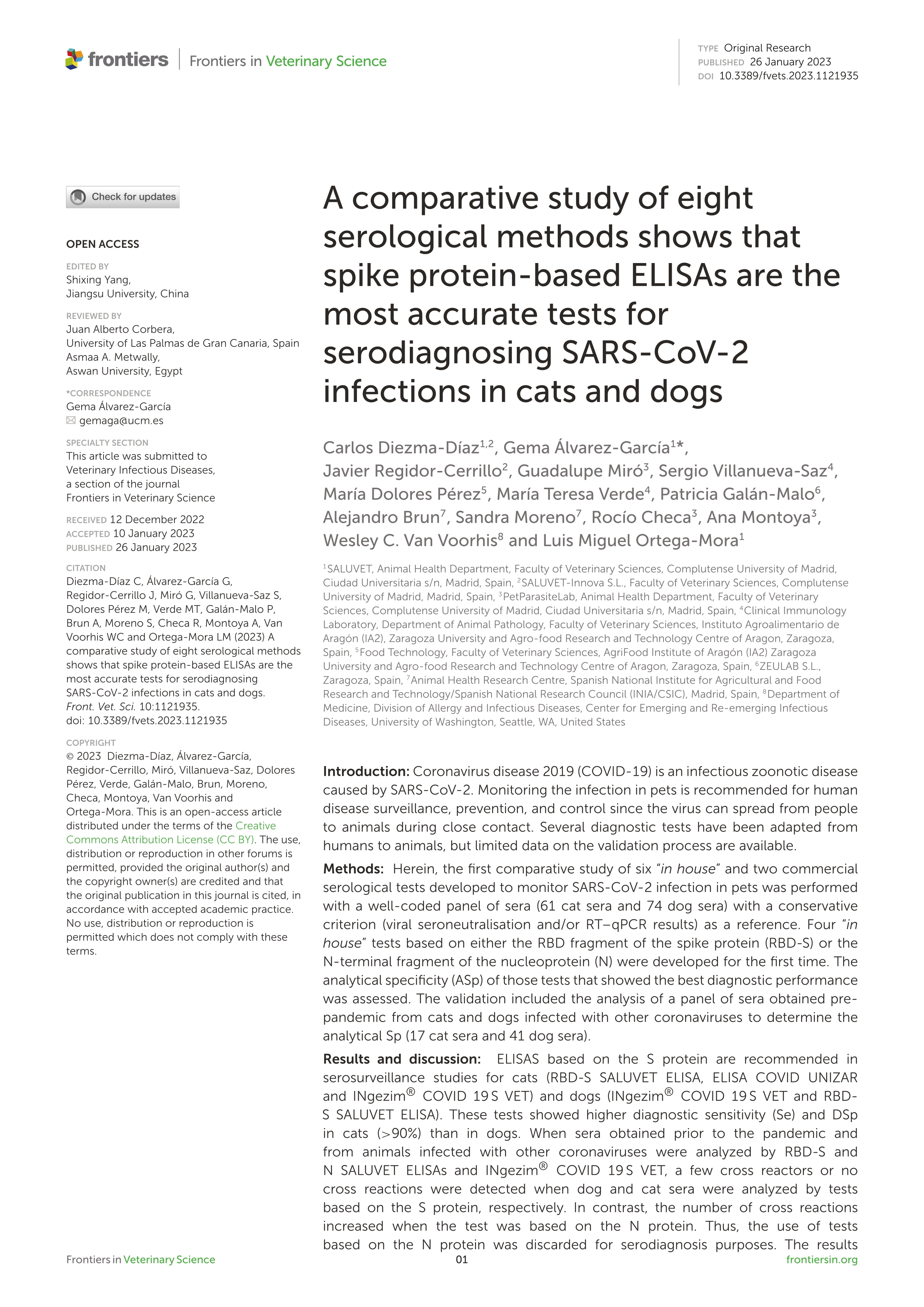 A comparative study of eight serological methods shows that spike protein-based ELISAs are the most accurate tests for serodiagnosing SARS-CoV-2 infections in cats and dogs