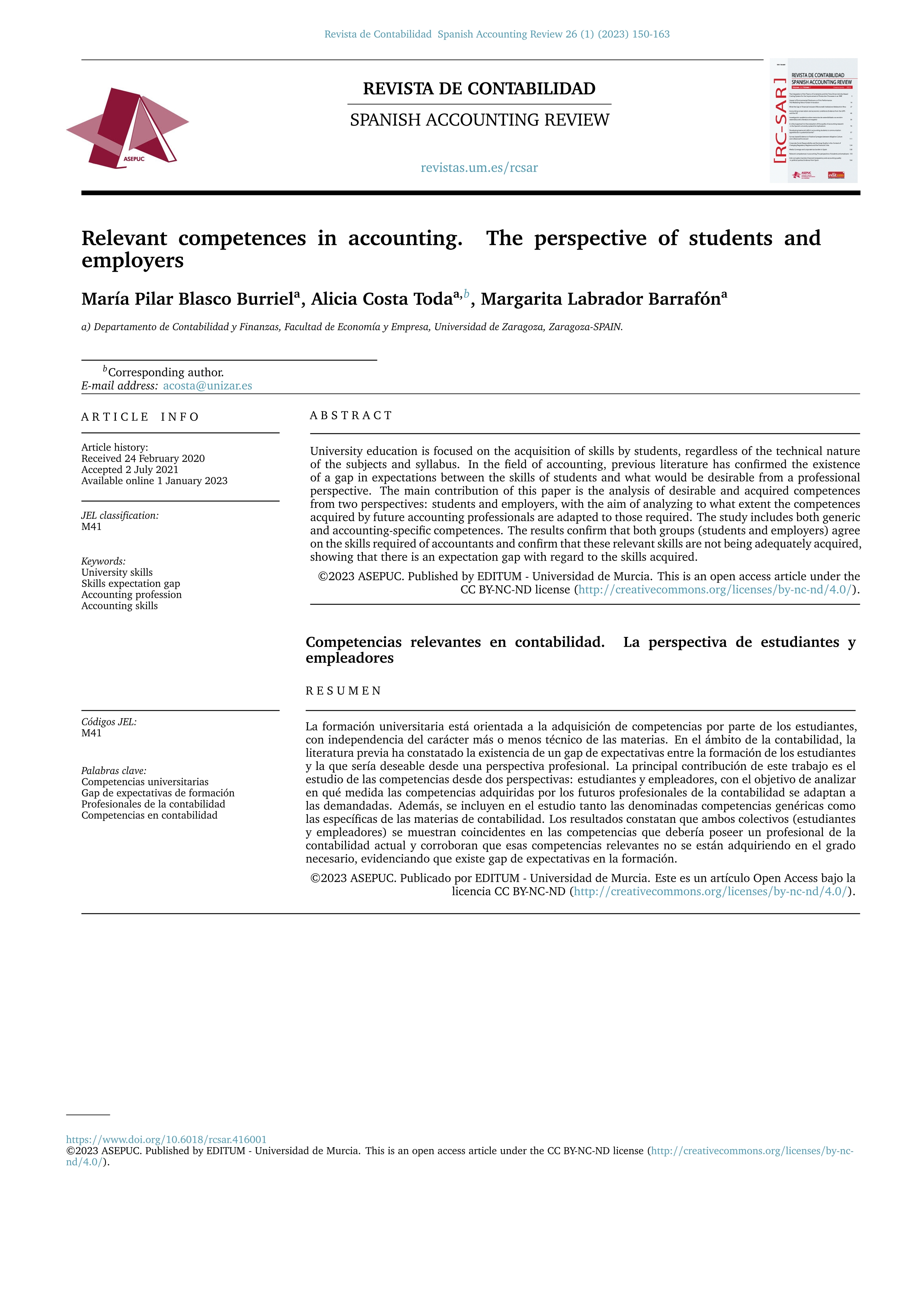 Competencias relevantes en contabilidad. La perspectiva de estudiantes y empleadores = Relevant competences in accounting. The perspective of students and employers