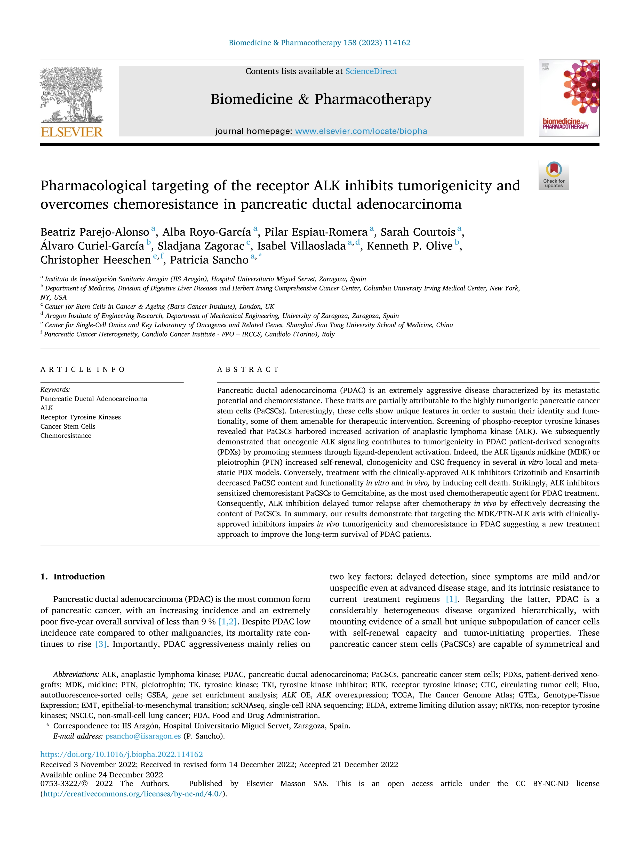 Pharmacological targeting of the receptor ALK inhibits tumorigenicity and overcomes chemoresistance in pancreatic ductal adenocarcinoma