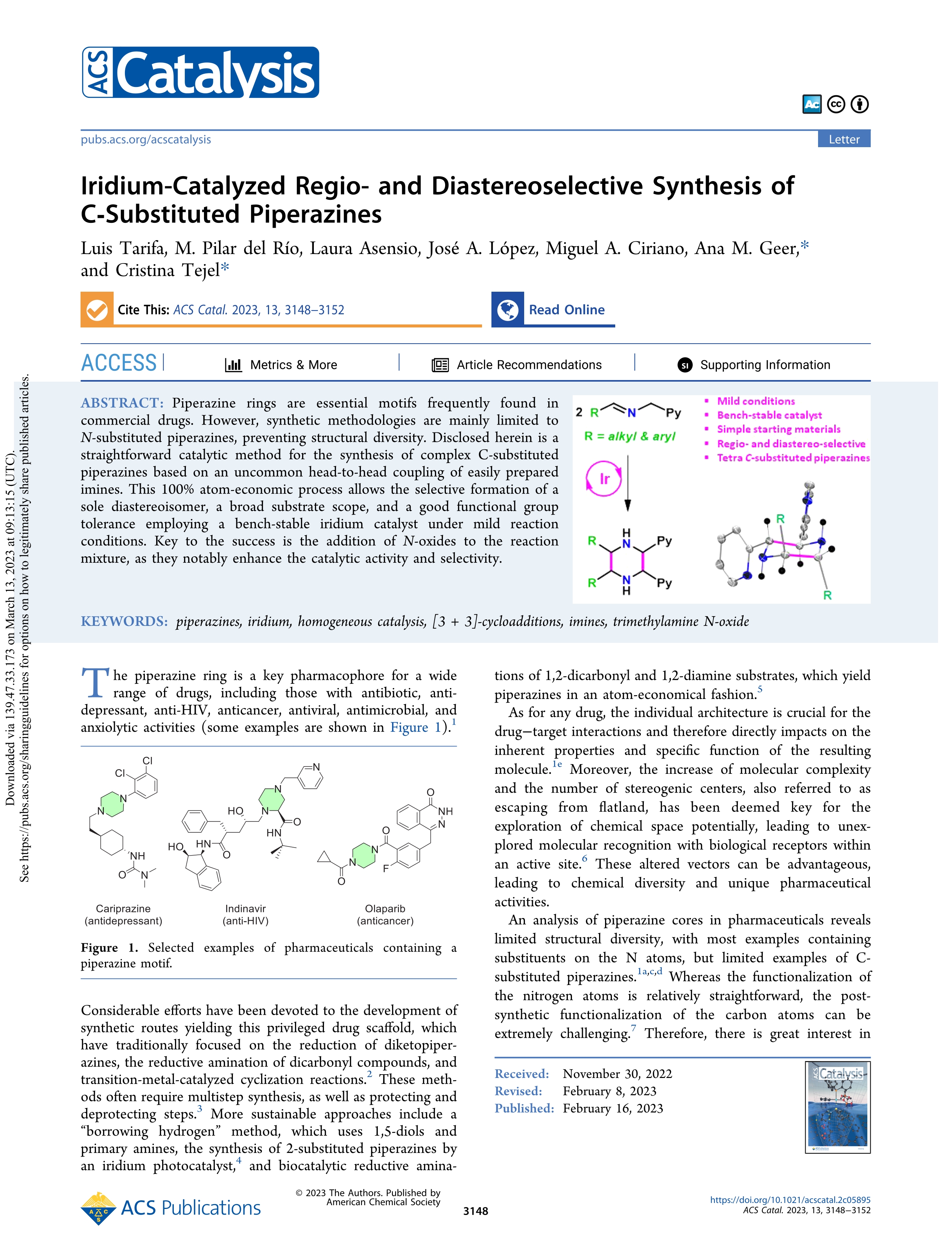 Iridium-Catalyzed Regio- and Diastereoselective Synthesis of C-Substituted Piperazines