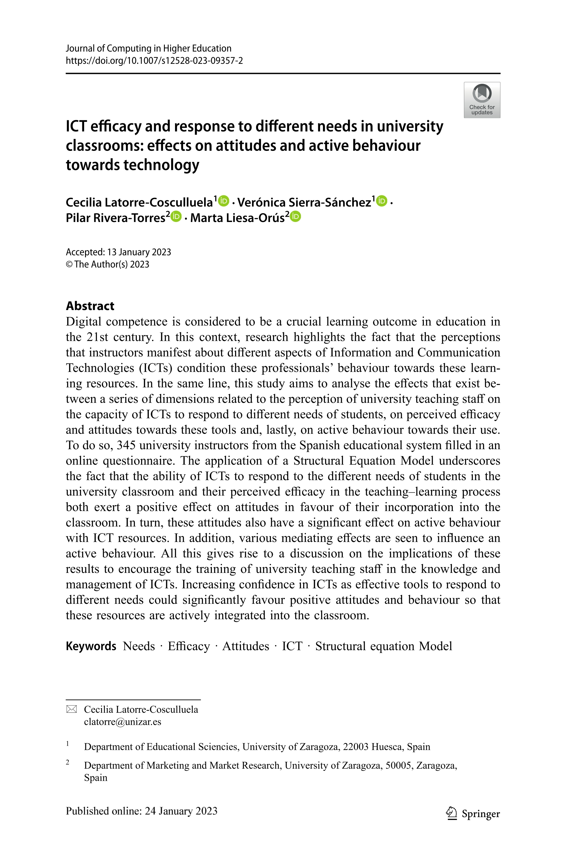 ICT efficacy and response to different needs in university classrooms: effects on attitudes and active behaviour towards technology