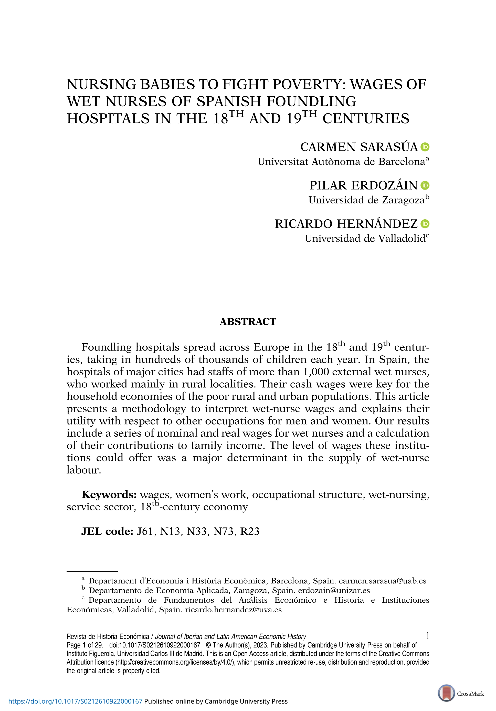 Nursing babies to fight poverty: wages of wet nurses of spanish foundling hospitals in the 18<sup>th</sup> and 19<sup>th</sup> centuries