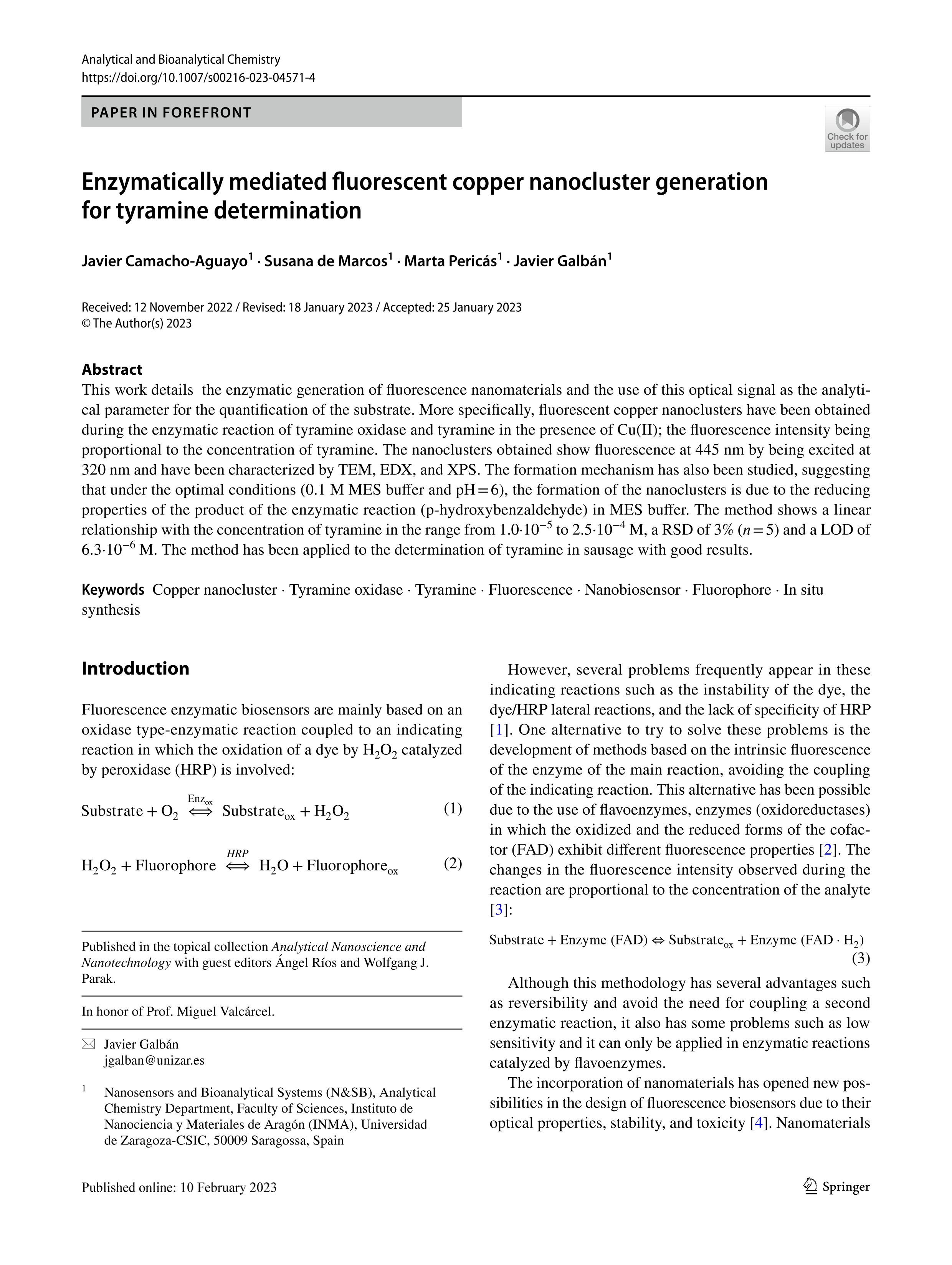 Enzymatically mediated fluorescent copper nanocluster generation for tyramine determination