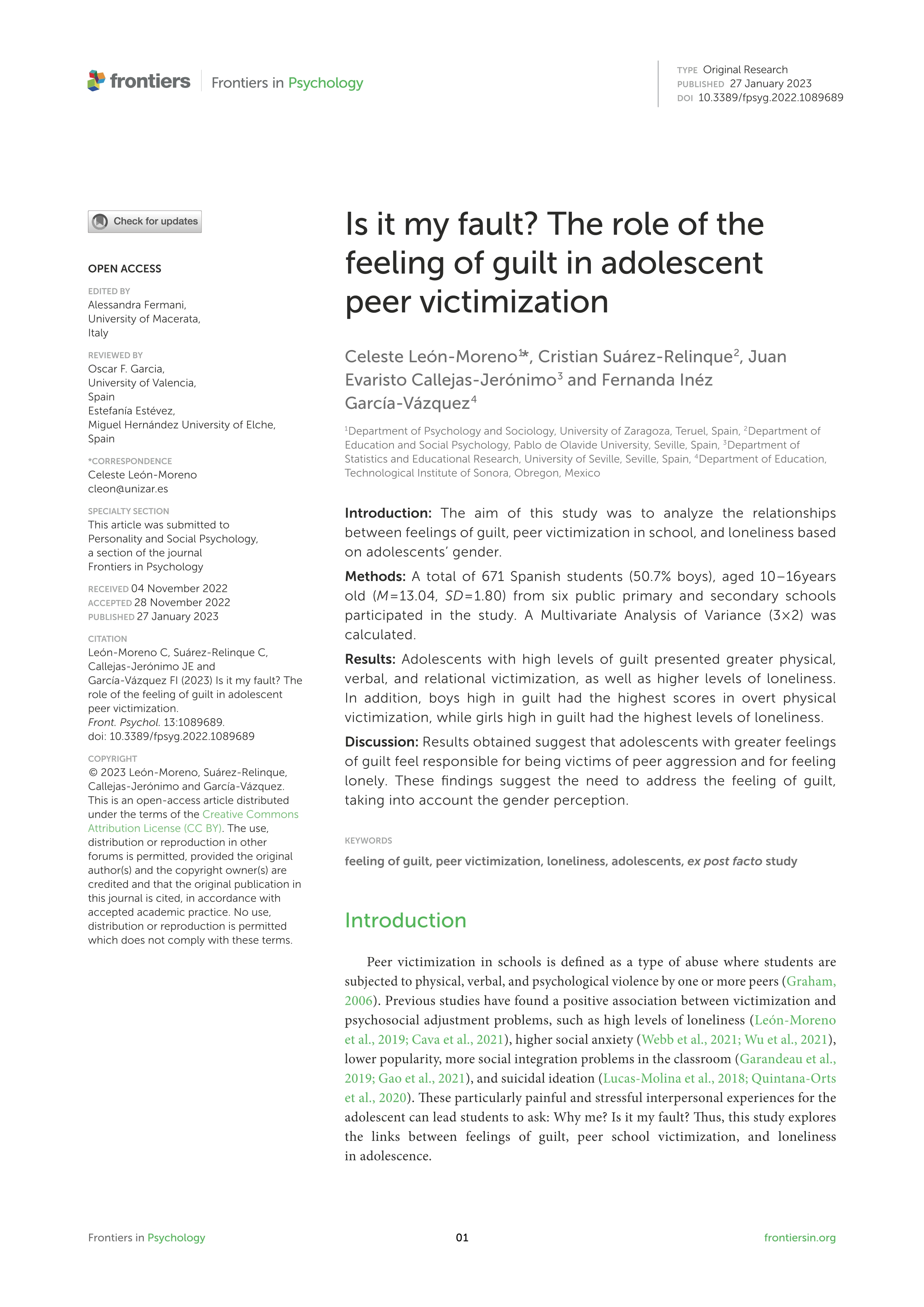 Is it my fault? The role of the feeling of guilt in adolescent peer victimization