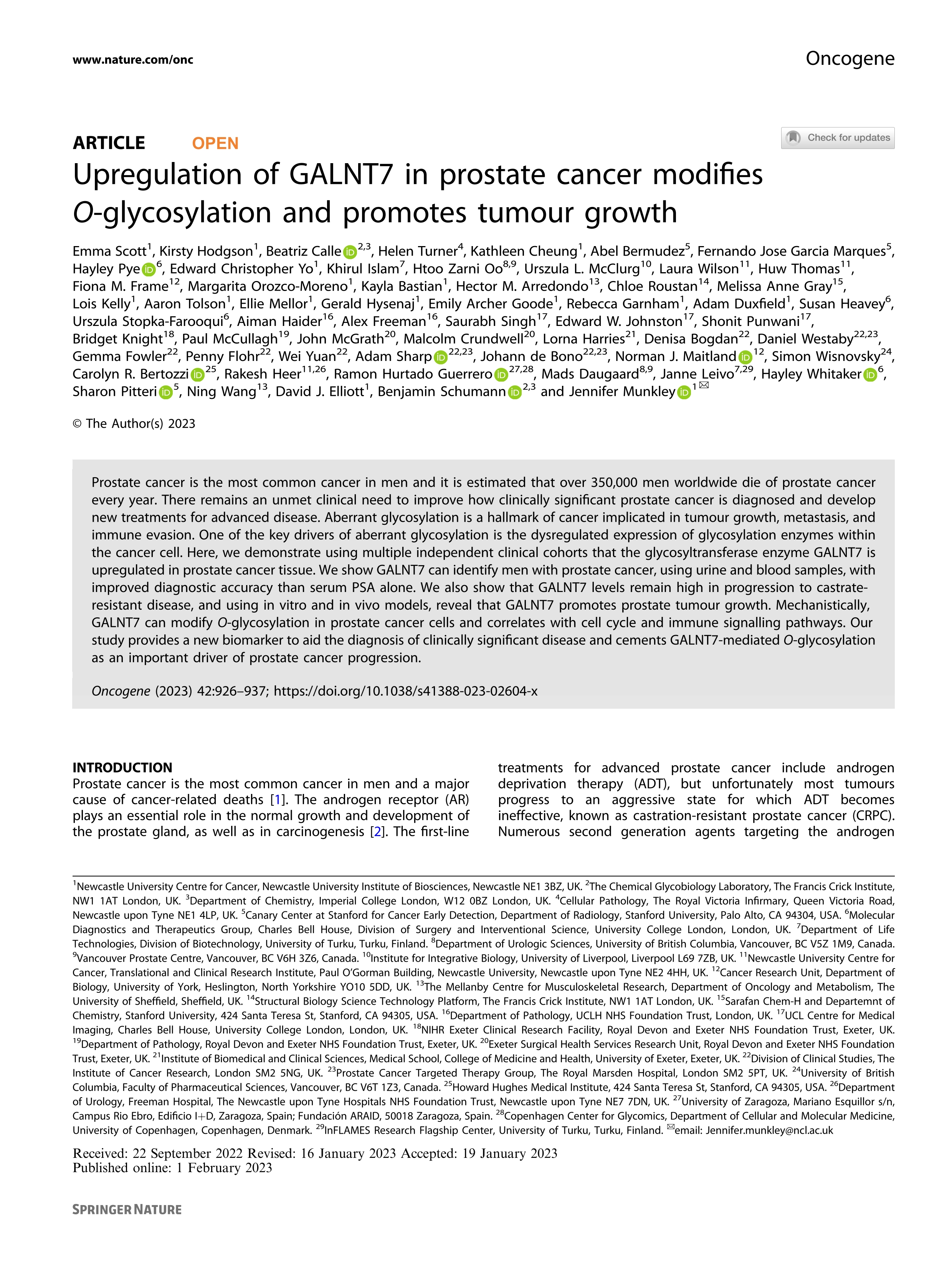 Upregulation of GALNT7 in prostate cancer modifies O-glycosylation and promotes tumour growth