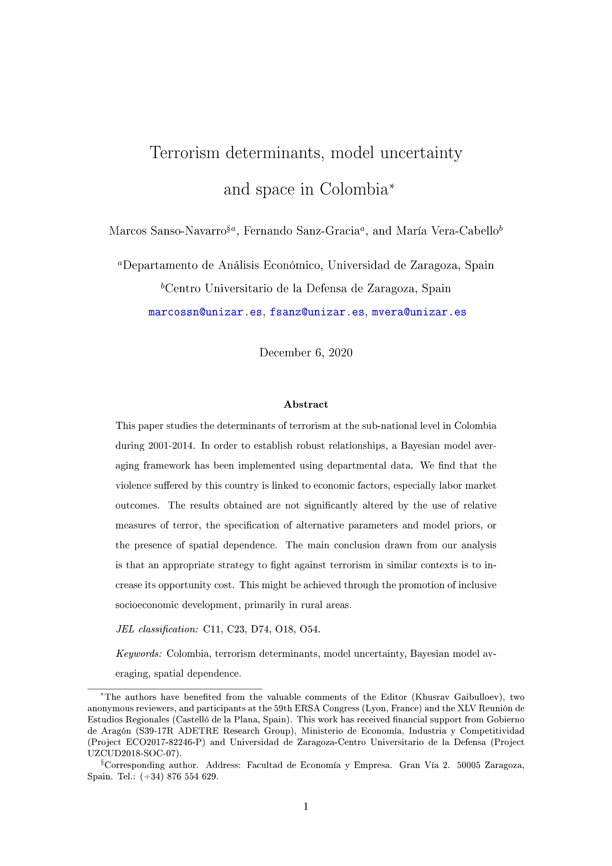 Terrorism Determinants, Model Uncertainty and Space in Colombia