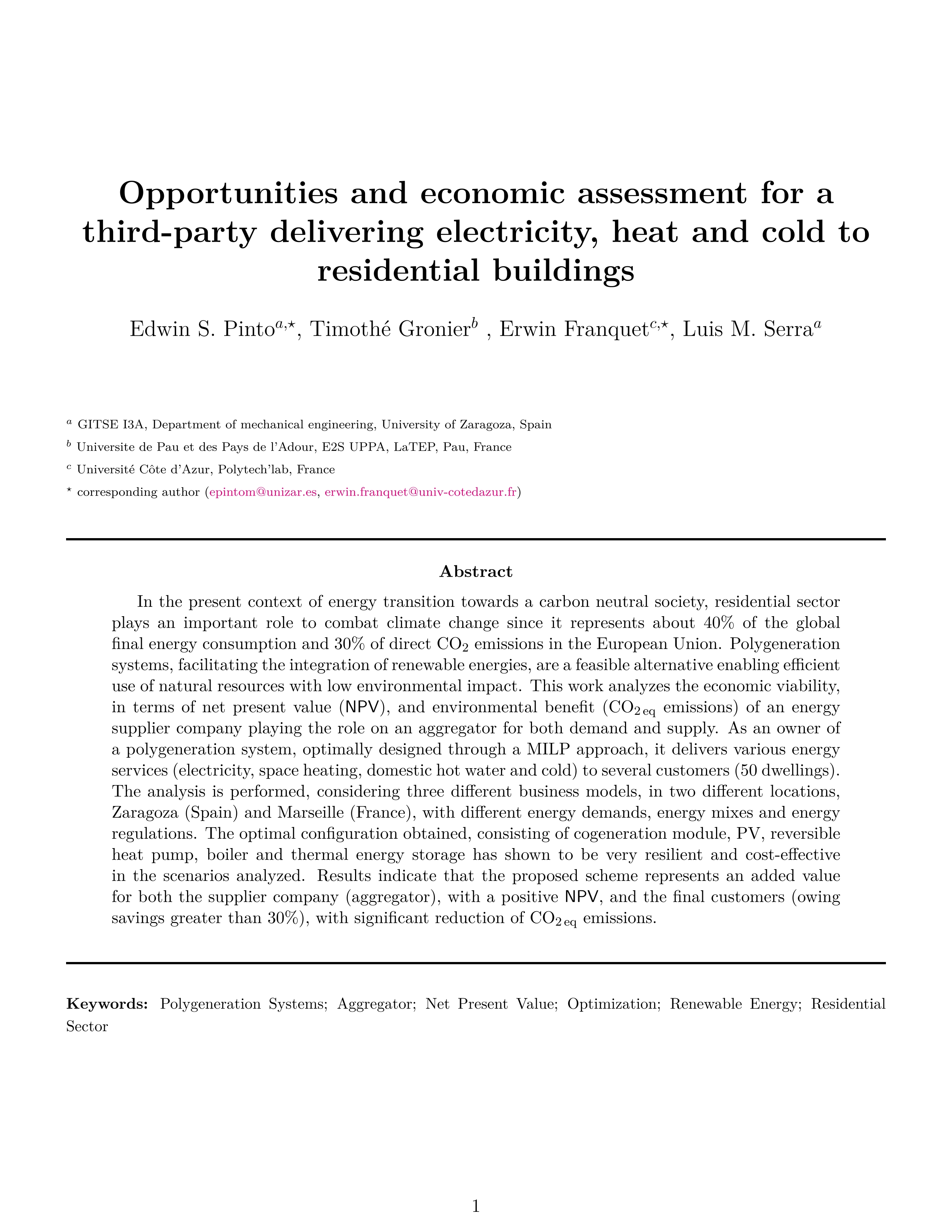 Opportunities and economic assessment for a third-party delivering electricity, heat and cold to residential buildings