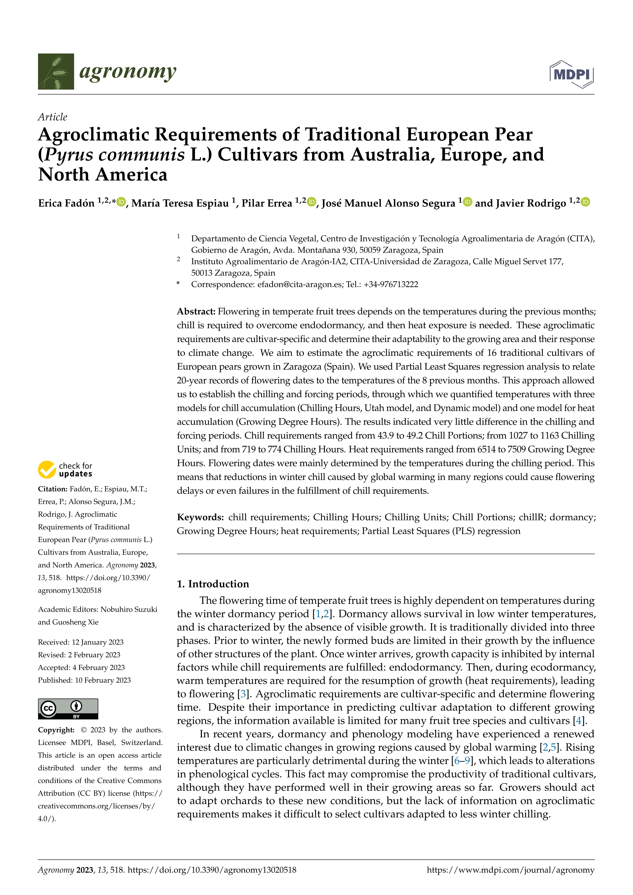 Agroclimatic requirements of traditional european pear (Pyrus communis l.) cultivars from Australia, Europe, and North America