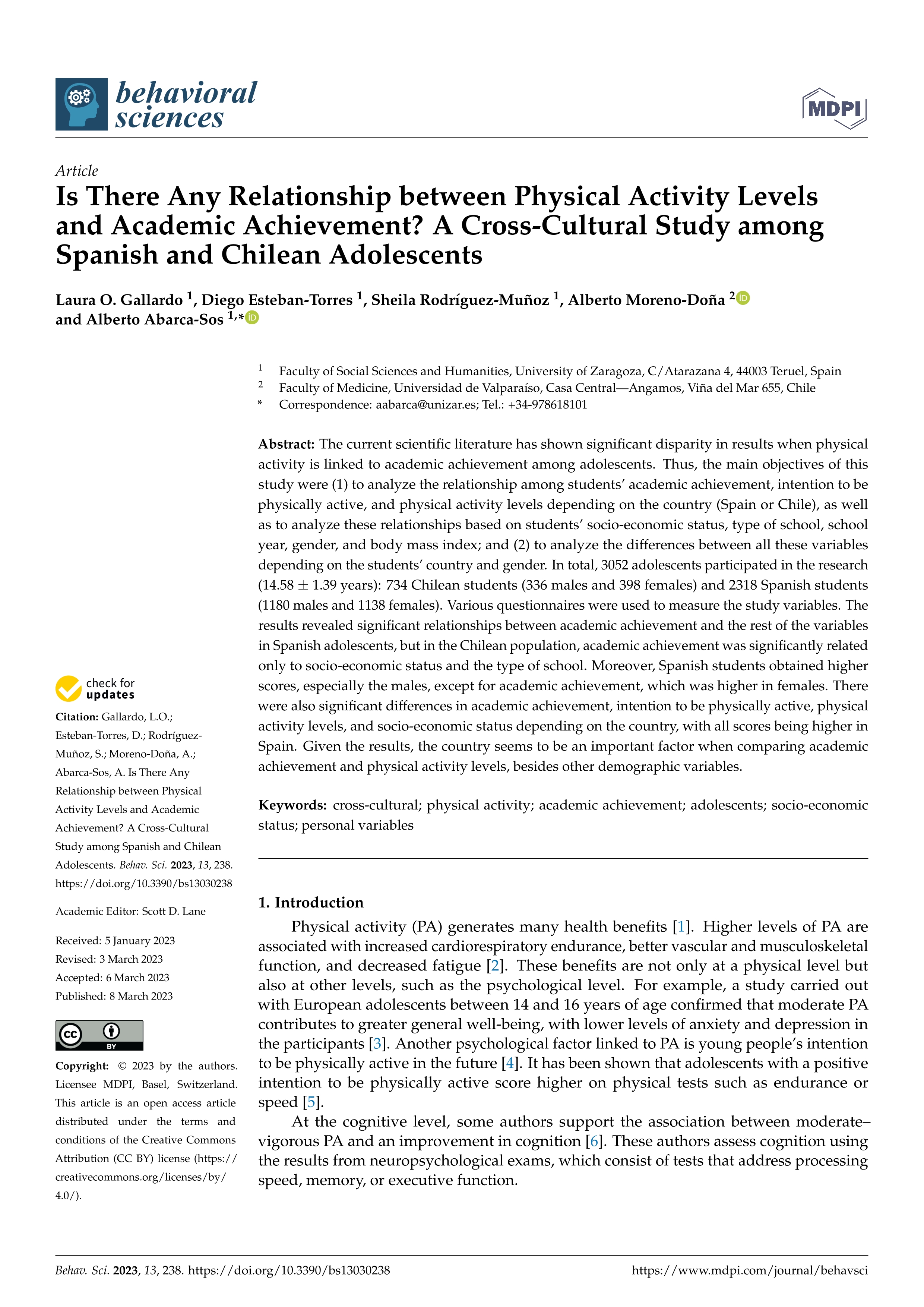 Is there any relationship between physical activity levels and academic achievement? A cross-cultural study among Spanish and Chilean adolescents