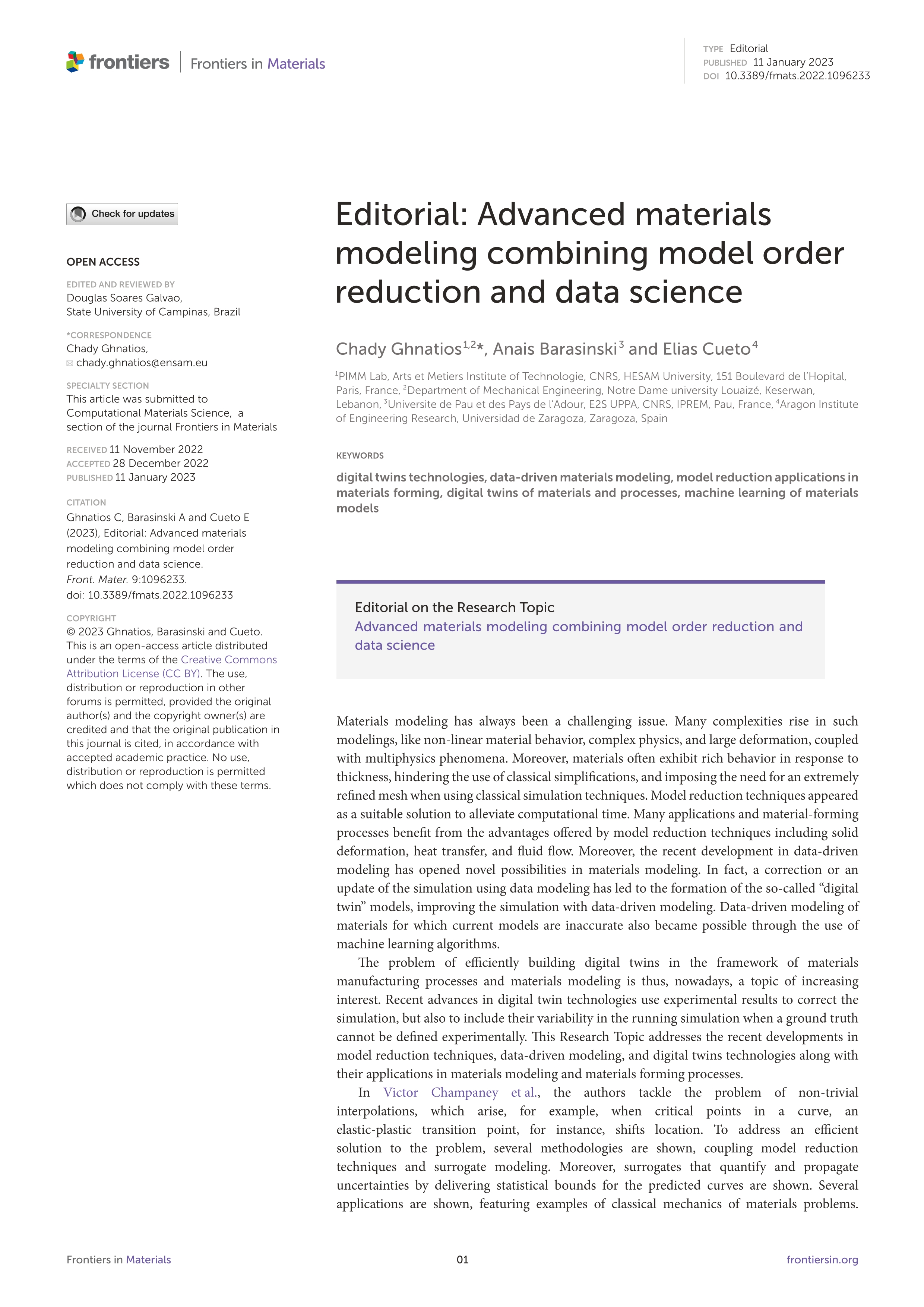 Editorial: Advanced materials modeling combining model order reduction and data science