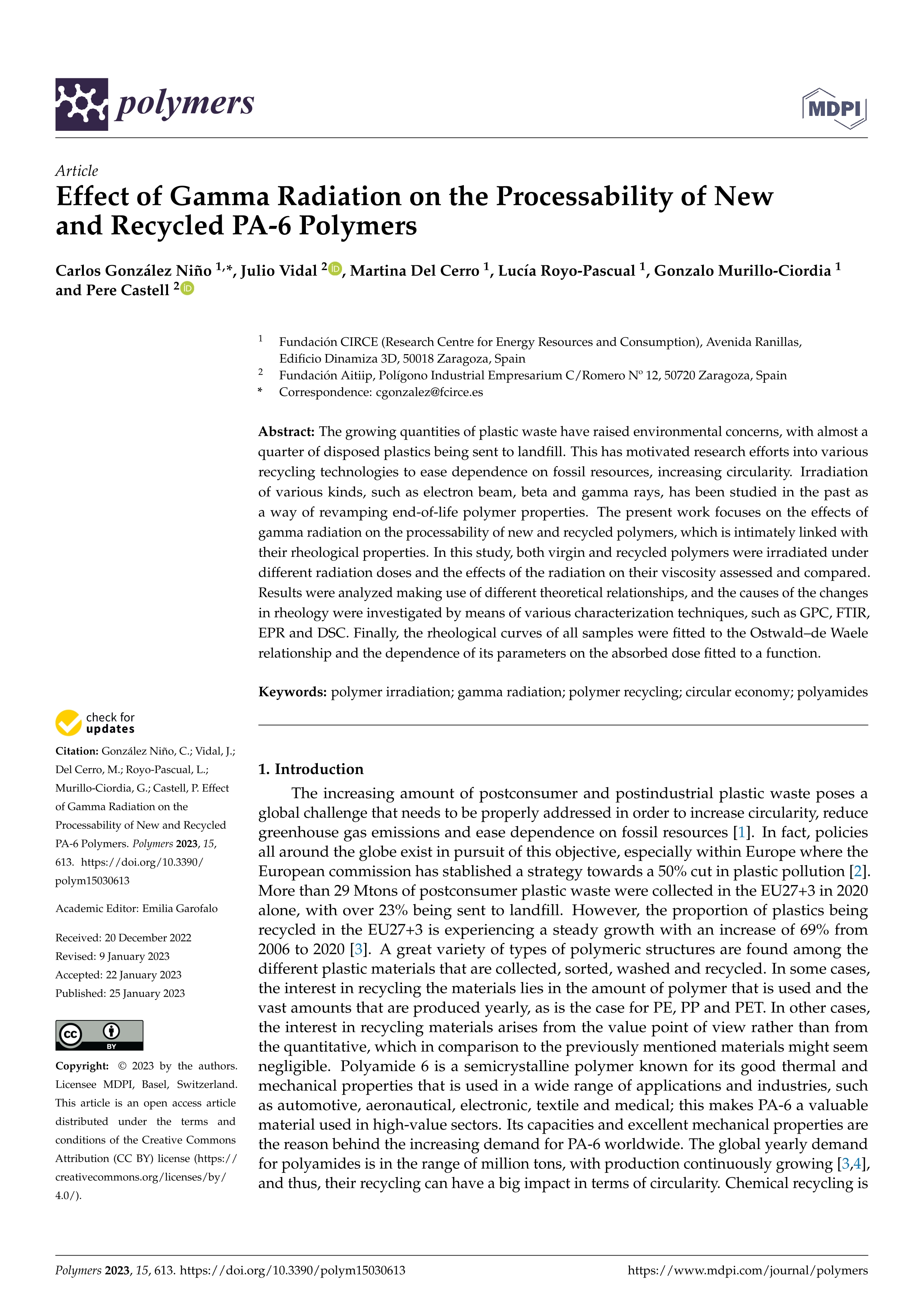 Effect of Gamma Radiation on the Processability of New and Recycled PA-6 Polymers