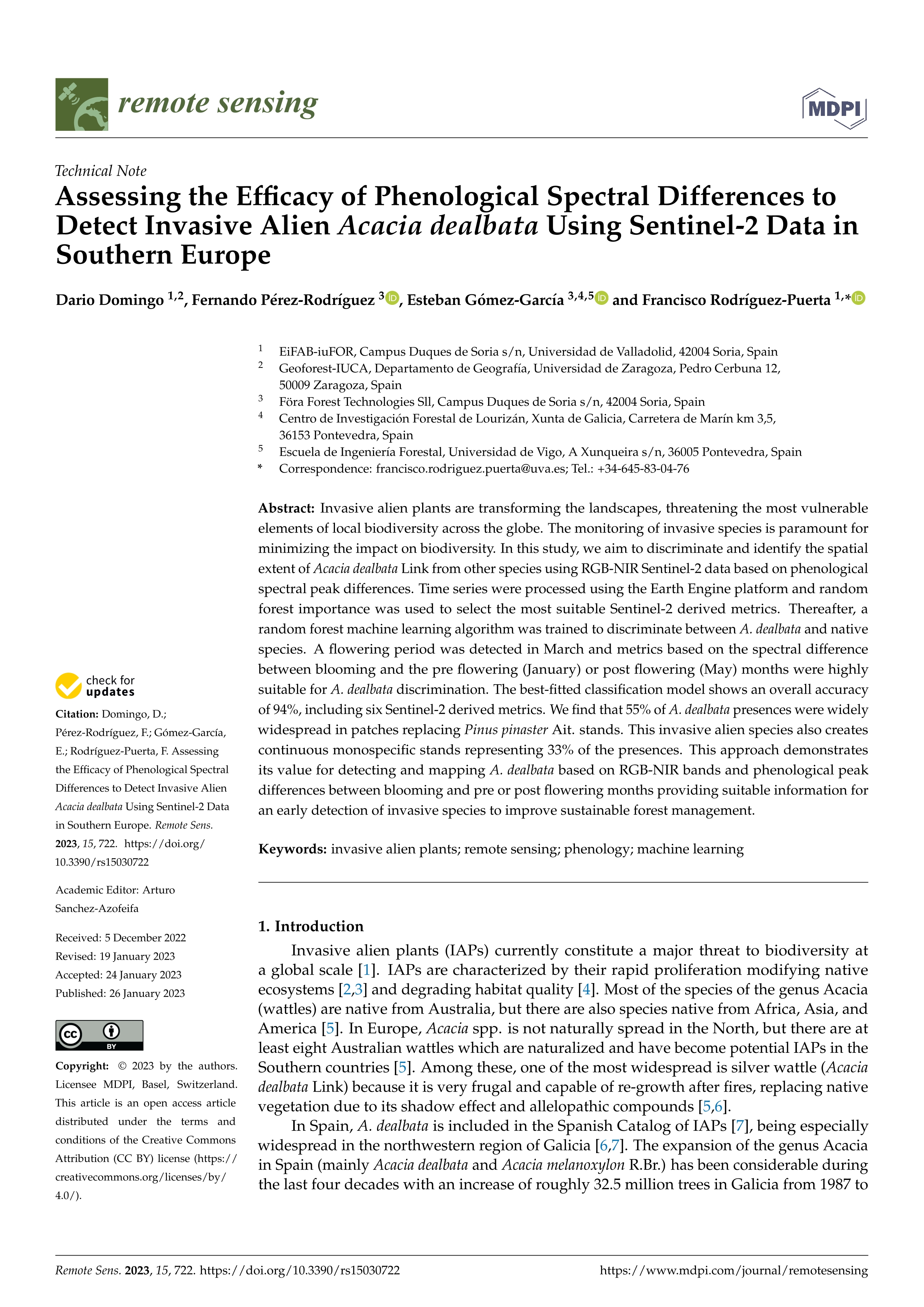 Assessing the efficacy of phenological spectral differences to detect invasive alien acacia dealbata using Sentinel-2 data in Southern Europe