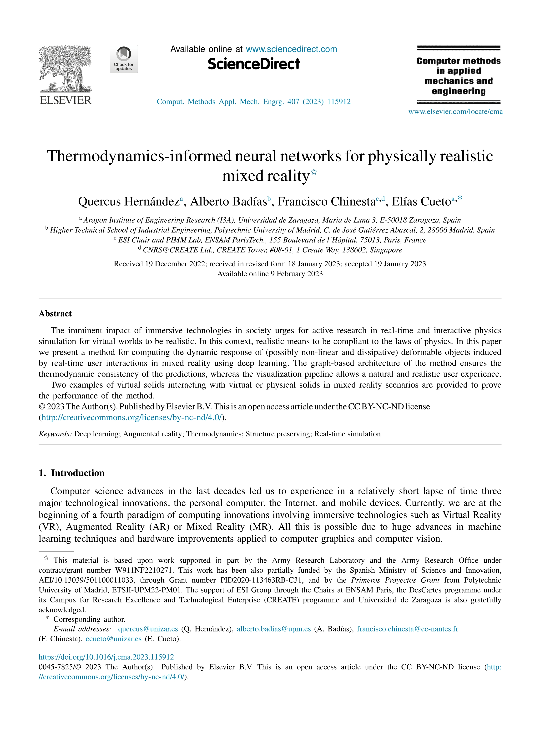 Thermodynamics-informed neural networks for physically realistic mixed reality