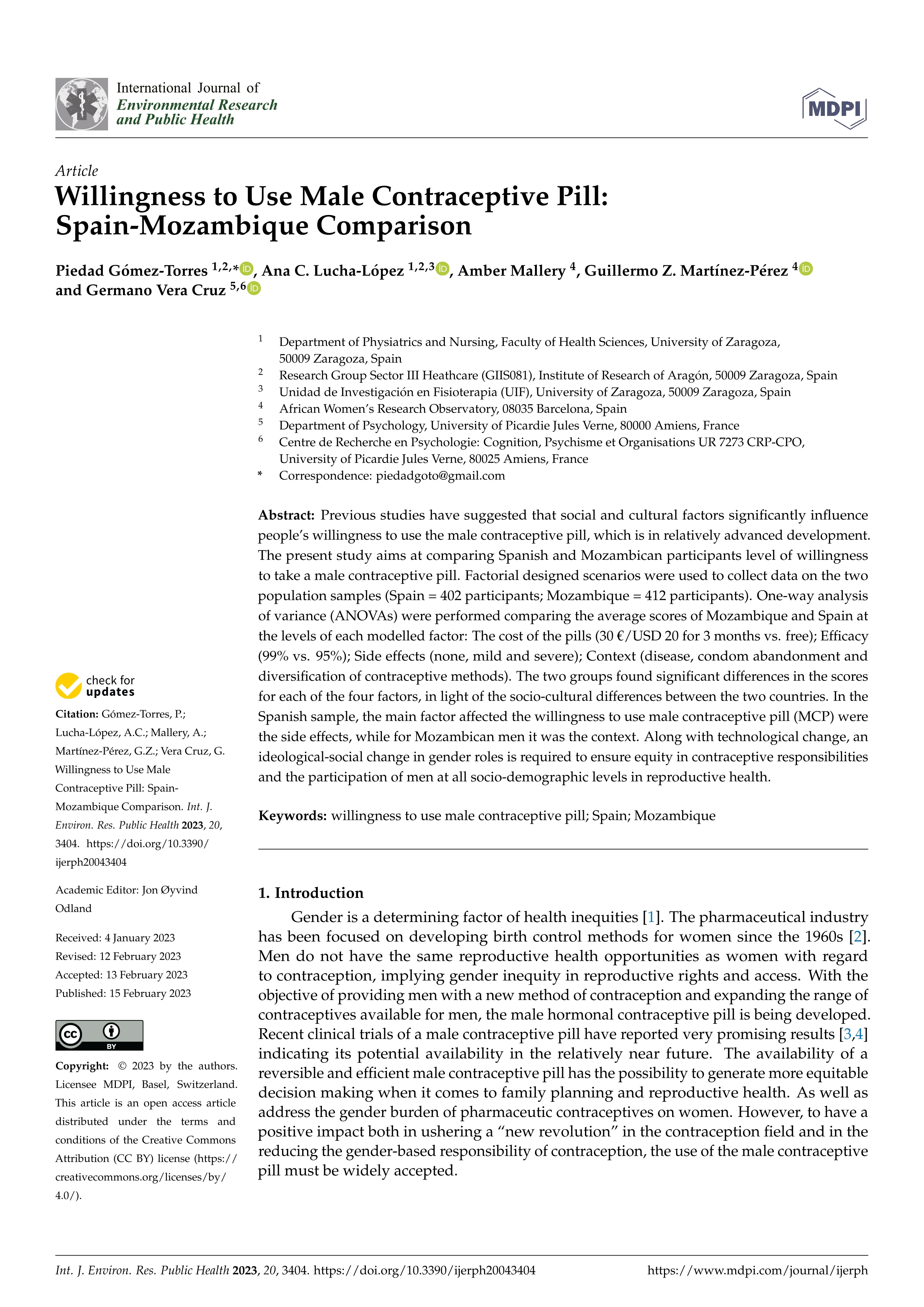 Willingness to use male contraceptive pill: Spain-Mozambique comparison