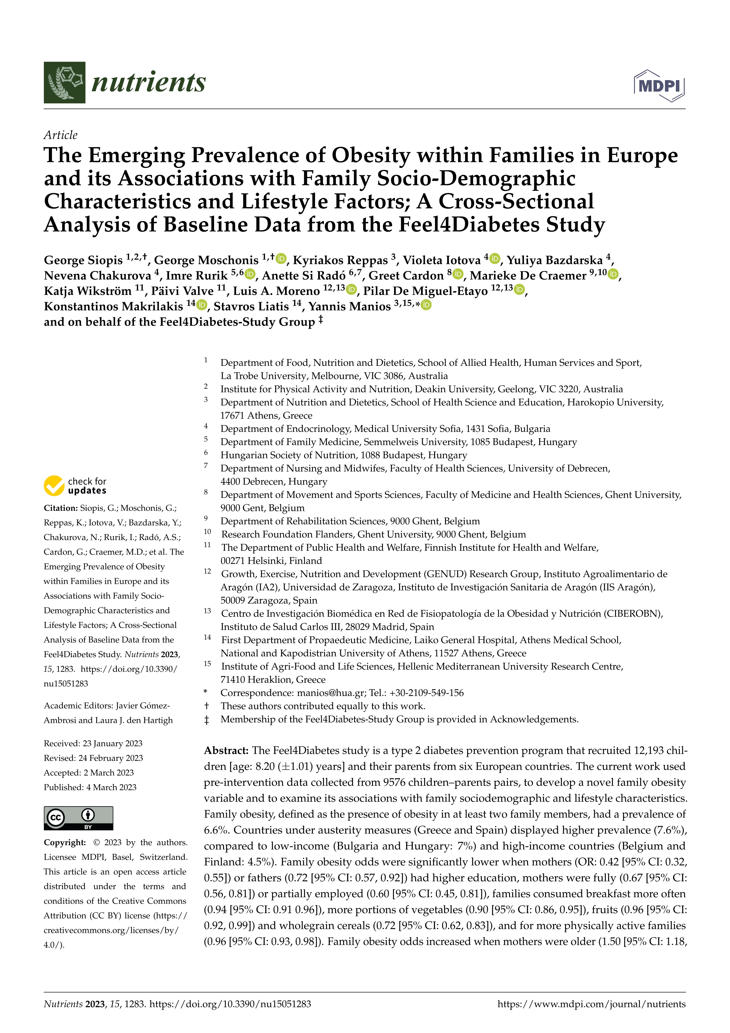 The emerging prevalence of obesity within families in europe and its associations with family socio-demographic characteristics and lifestyle factors; a cross-sectional analysis of baseline data from the feel4diabetes study