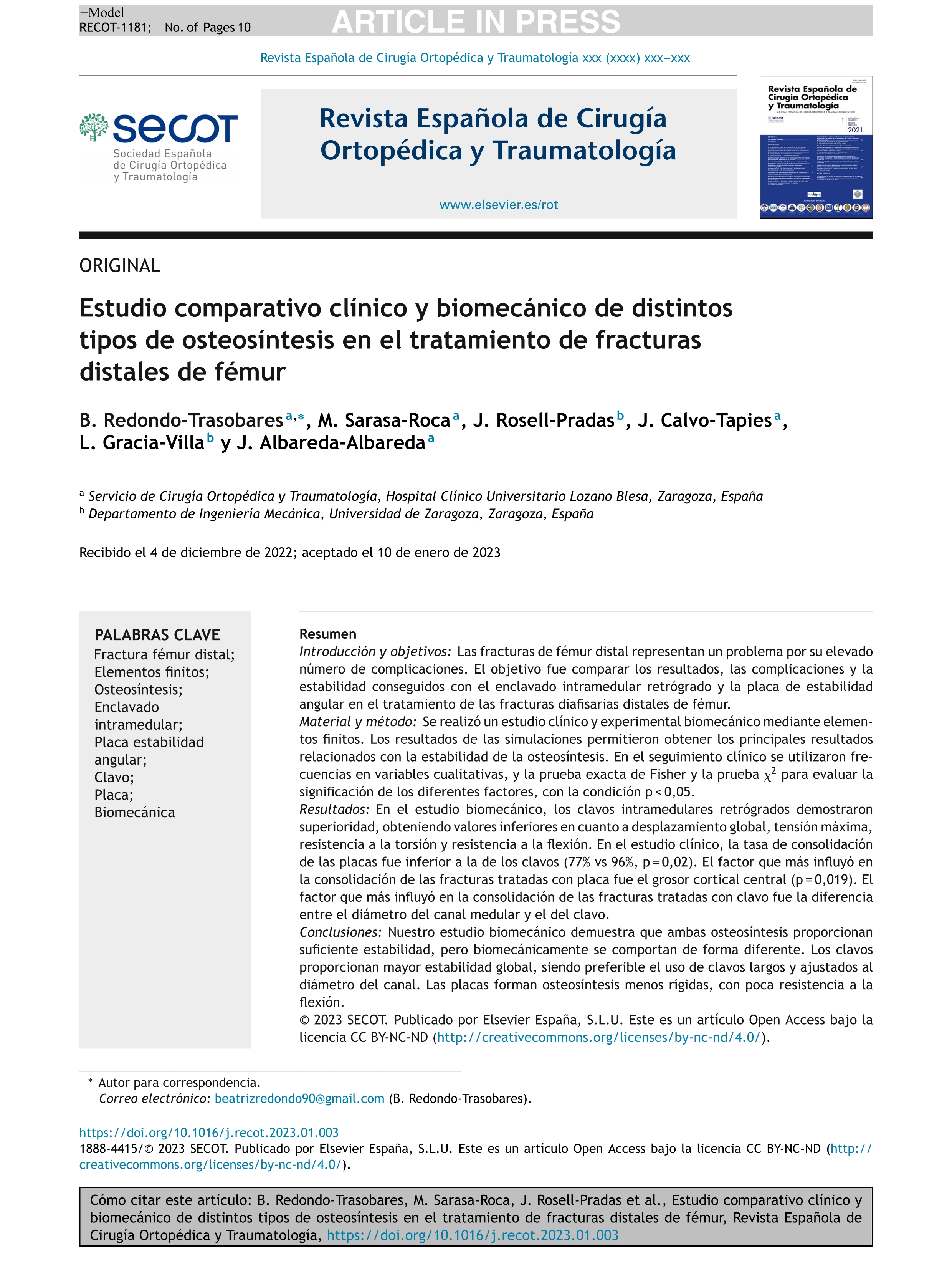 Estudio comparativo clínico y biomecánico de distintos tipos de osteosíntesis en el tratamiento de fracturas distales de fémur