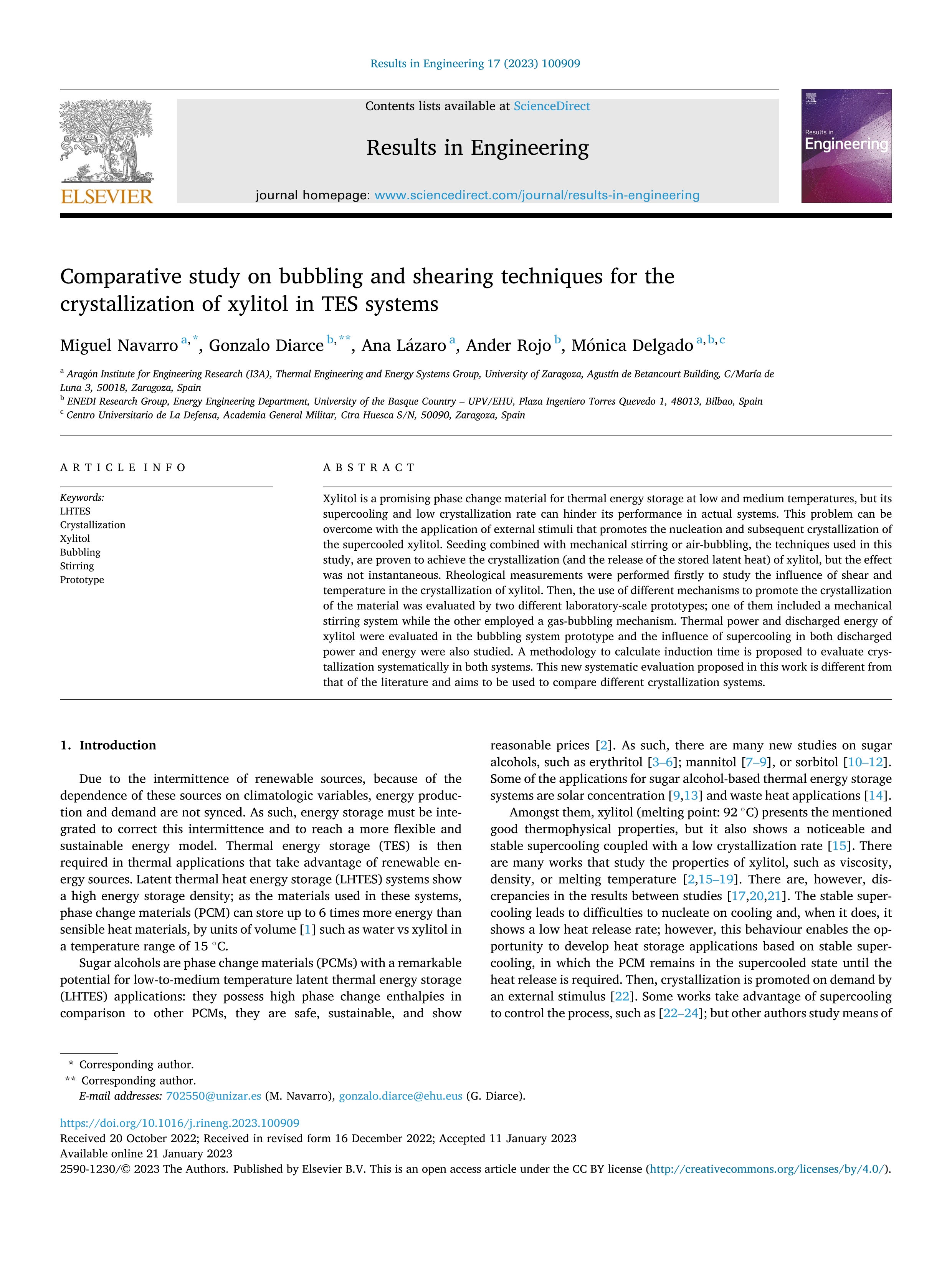 Comparative study on bubbling and shearing techniques for the crystallization of xylitol in TES systems