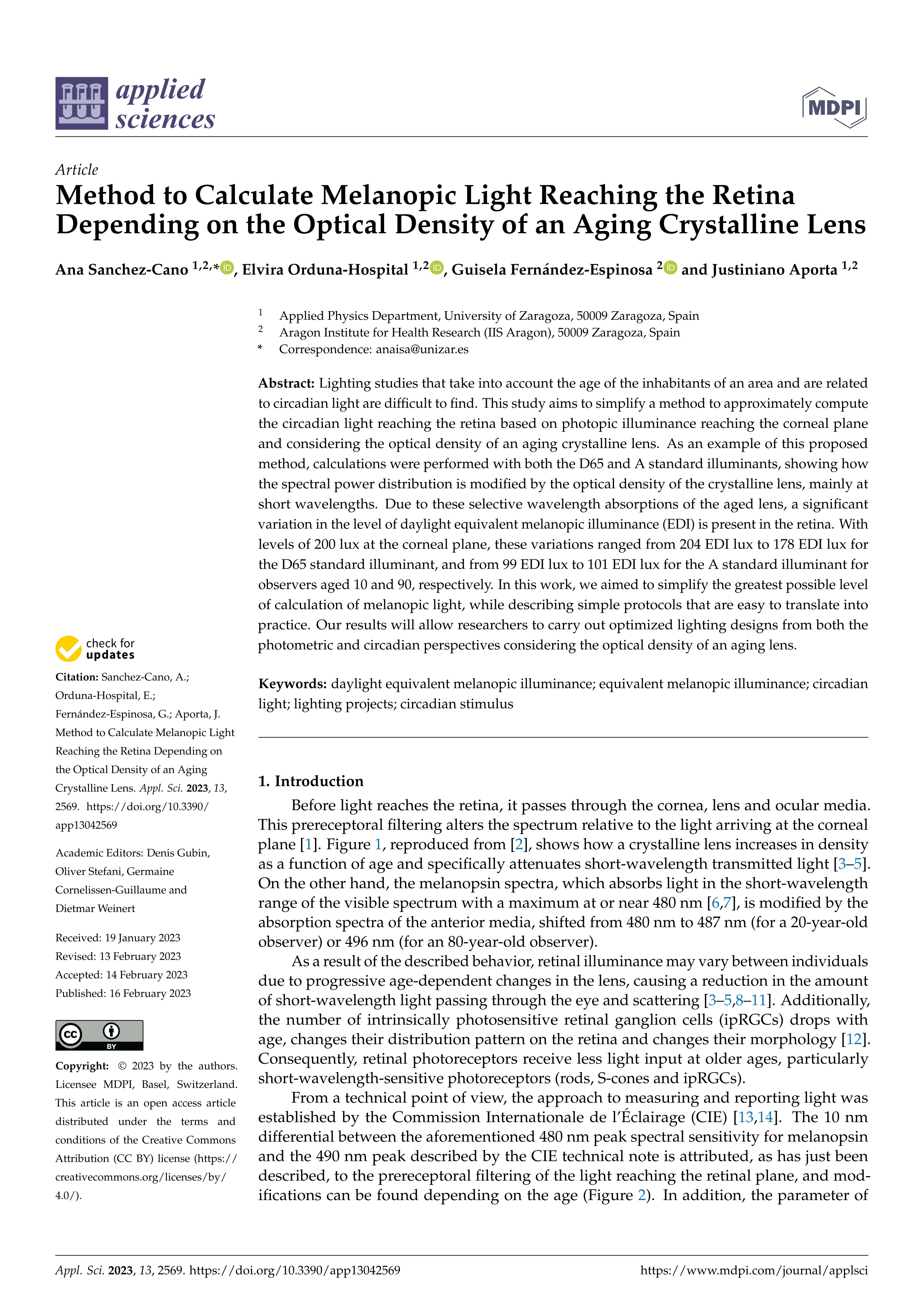 Method to calculate melanopic light reaching the retina depending on the optical density of an aging crystalline lens