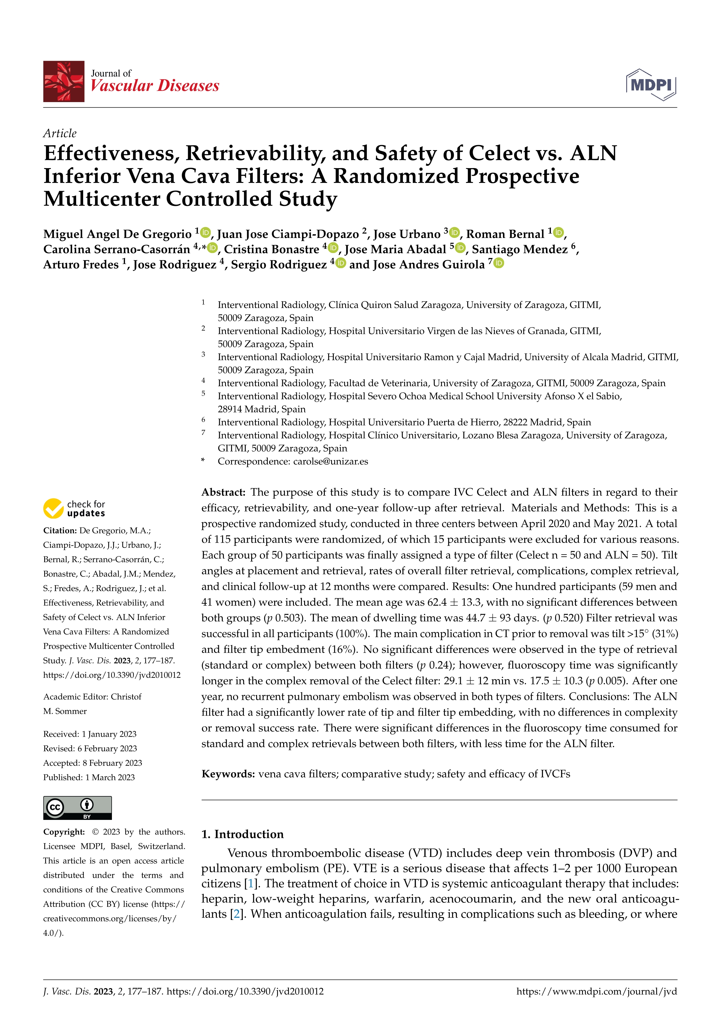 Effectiveness, retrievability, and safety of celect vs. ALN inferior vena cava filters: a randomized prospective multicenter controlled study